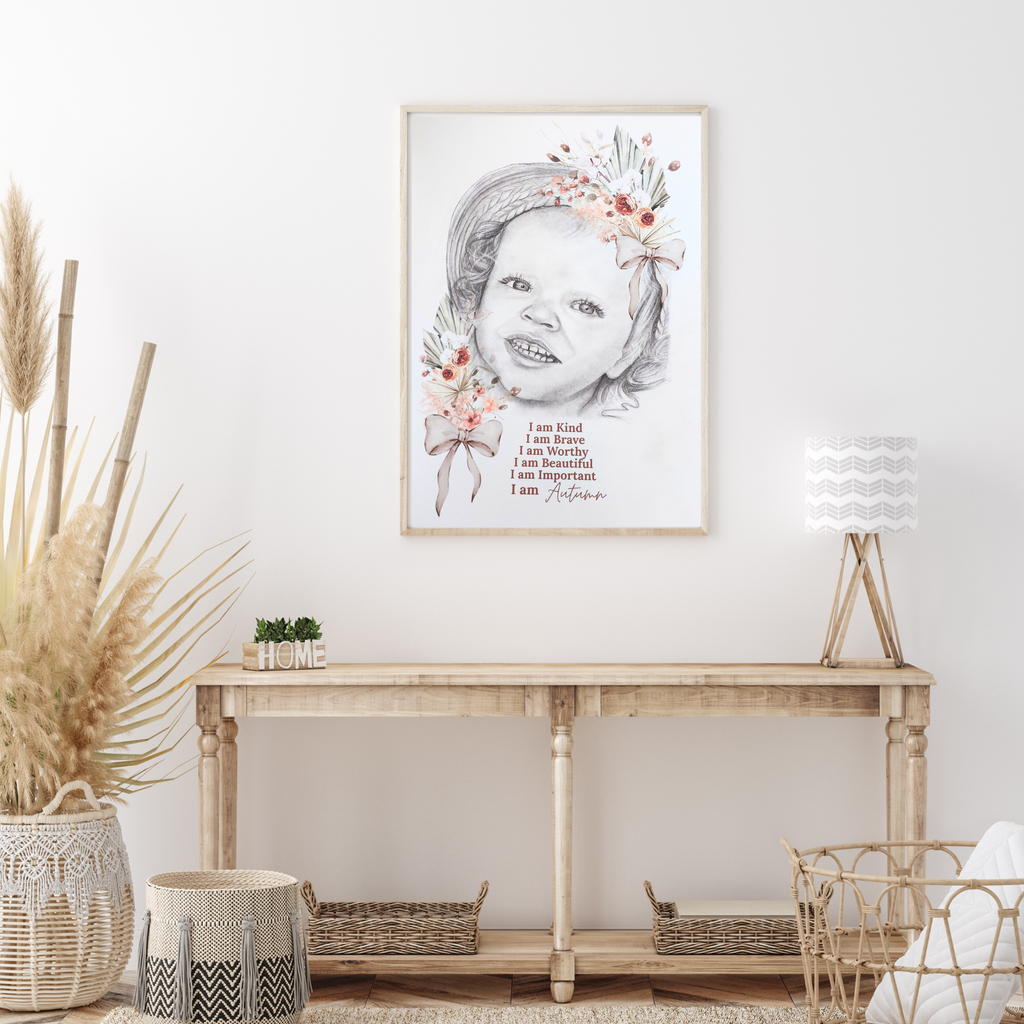 Custom Affirmation Art Keepsake A3 Print-Hand-drawn Portrait of Child/Baby