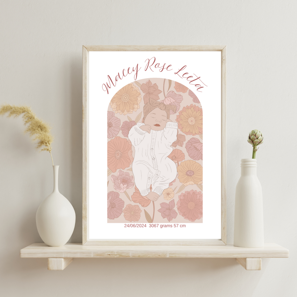 Custom Birth Details Illustration Colour line art Print Keepsake-Posey Design