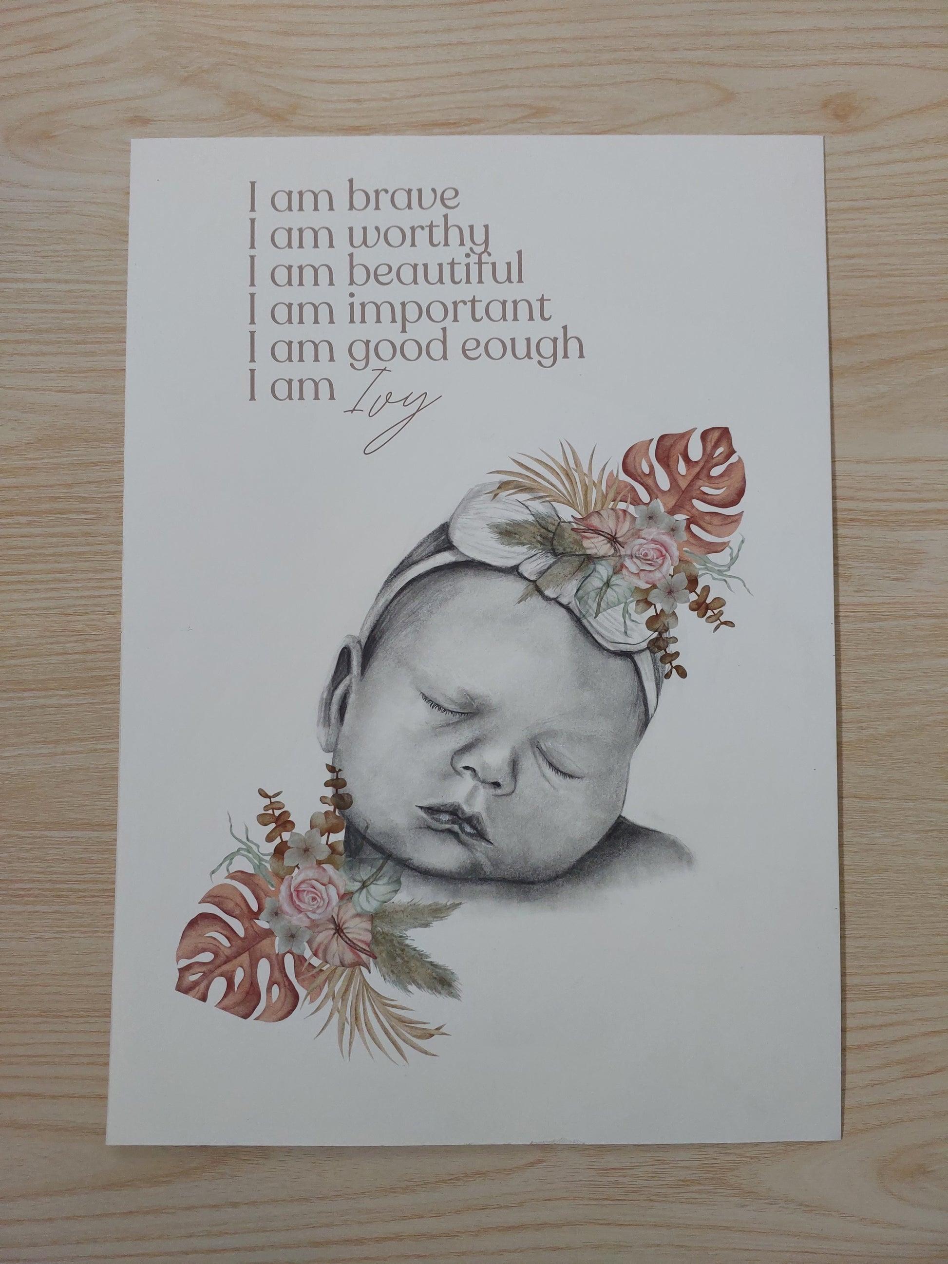 Custom Affirmation Art Keepsake A3 Print-Hand-drawn Portrait of Child/Baby