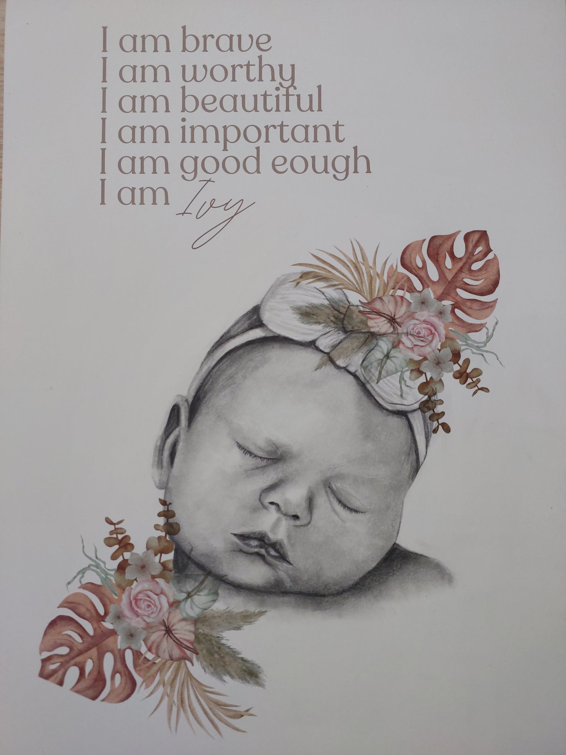 Custom Affirmation Art Keepsake A3 Print-Hand-drawn Portrait of Child/Baby