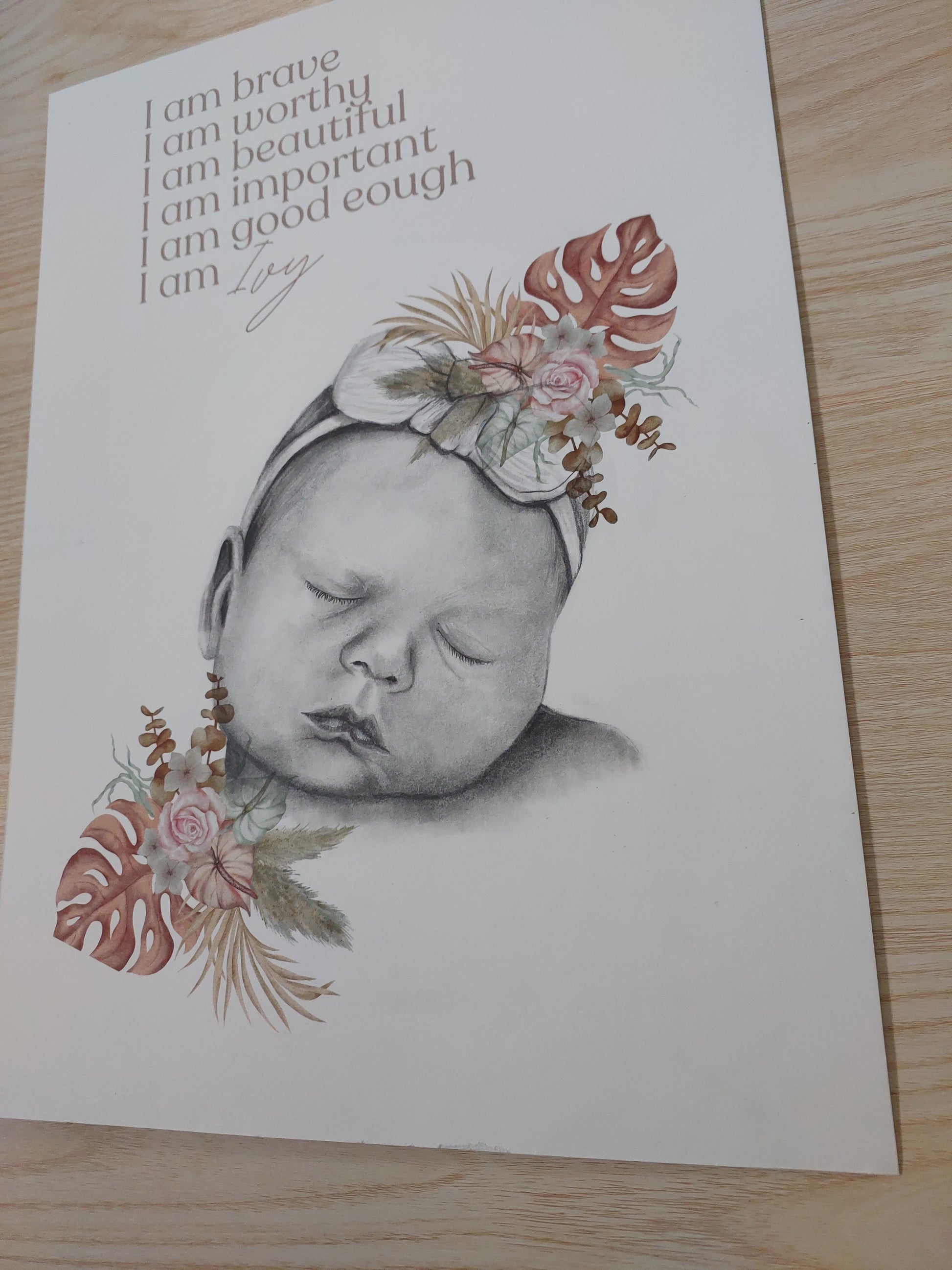 Custom Affirmation Art Keepsake A3 Print-Hand-drawn Portrait of Child/Baby
