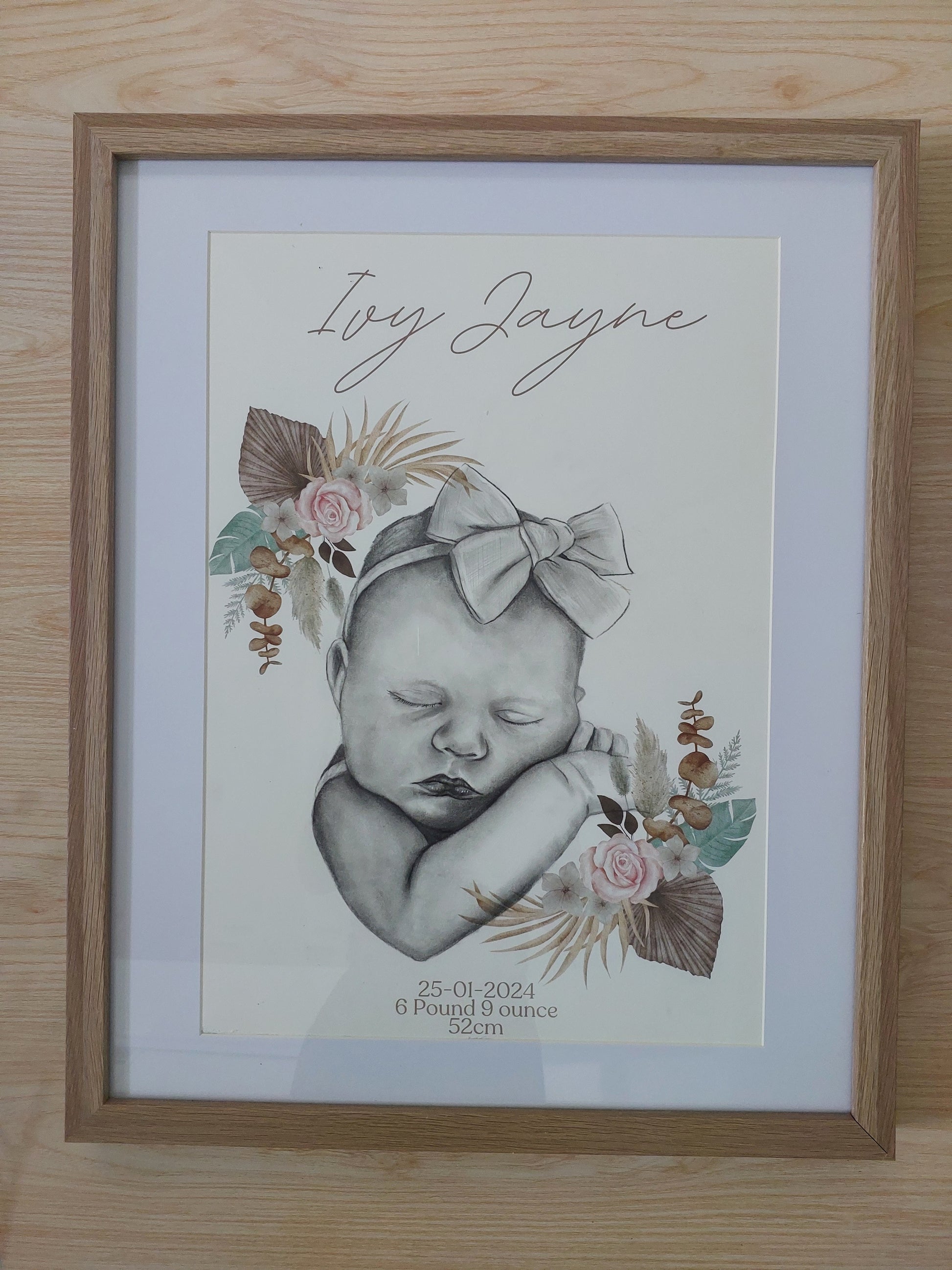 Custom Birth details Art Keepsake A3 Print-Hand-drawn Portrait of Child/Baby