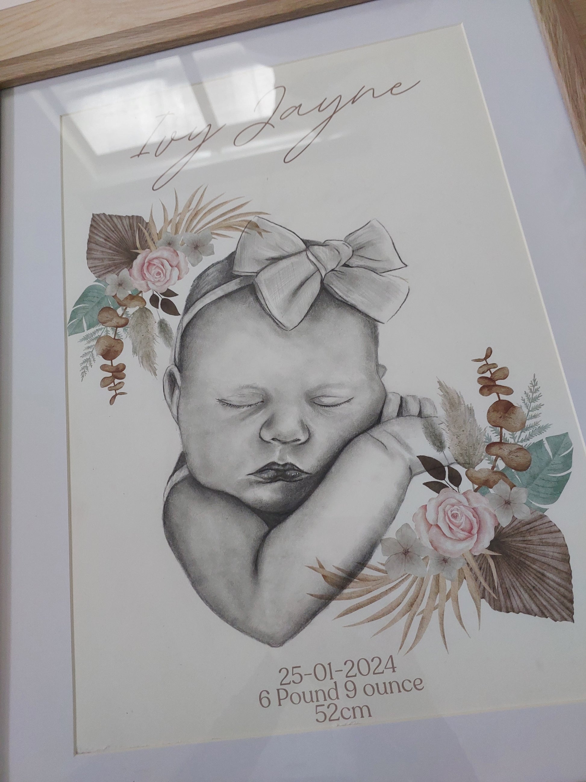 Custom Birth details Art Keepsake A3 Print-Hand-drawn Portrait of Child/Baby