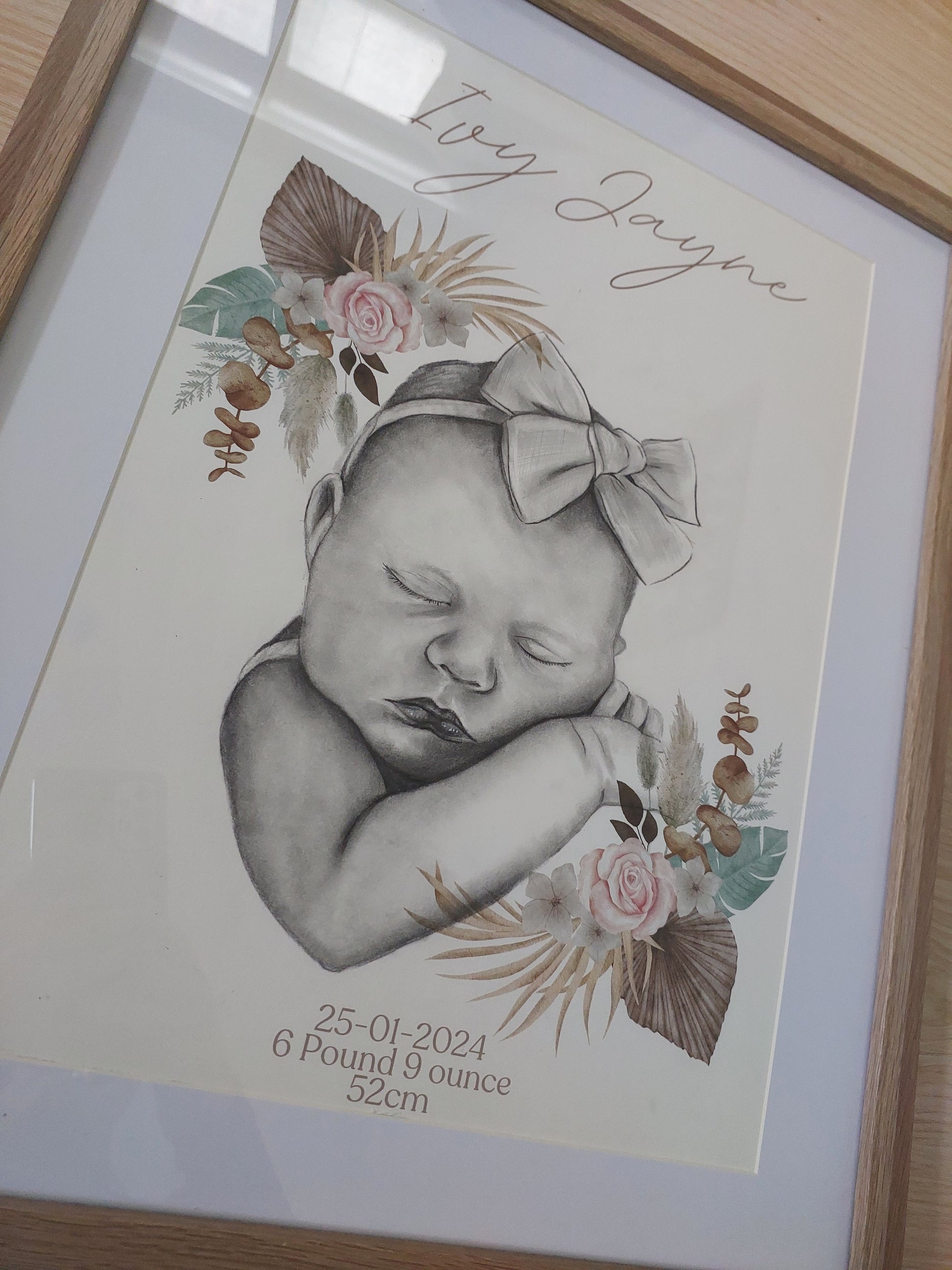 Custom Birth details Art Keepsake A3 Print-Hand-drawn Portrait of Child/Baby
