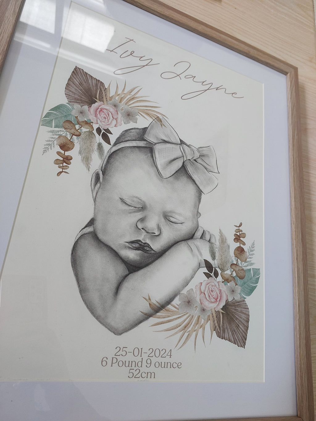 Custom Birth details Art Keepsake A3 Print-Hand-drawn Portrait of Child/Baby