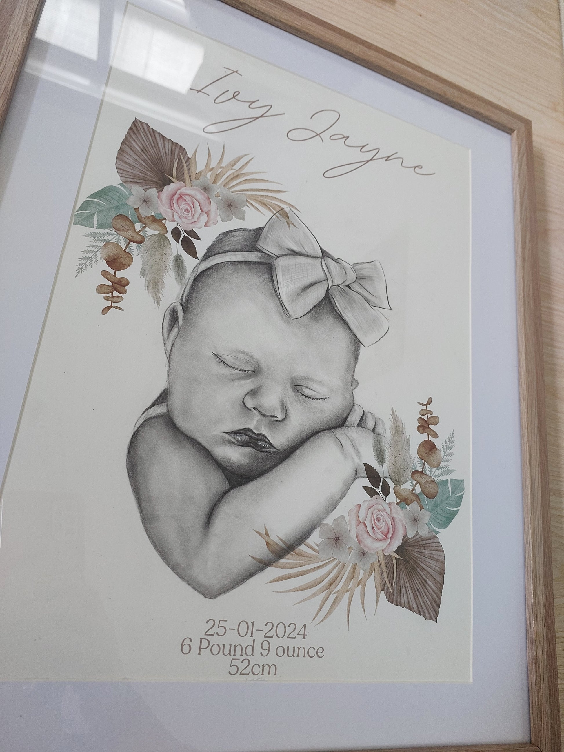 Custom Birth details Art Keepsake A3 Print-Hand-drawn Portrait of Child/Baby