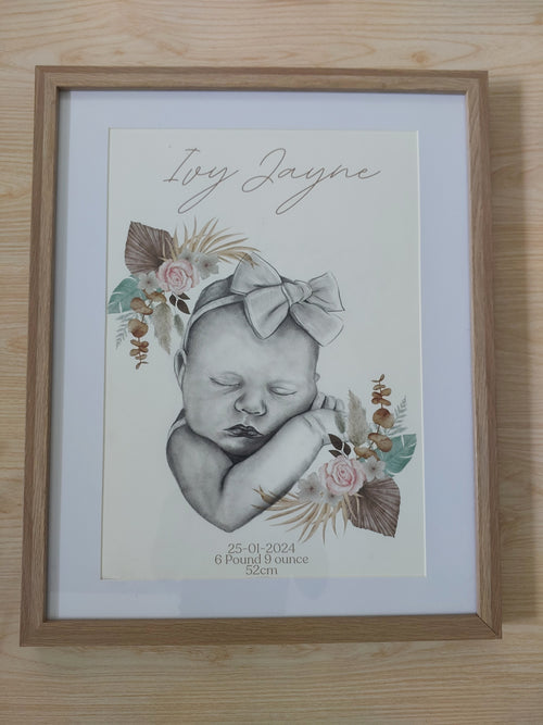 Custom Birth details Art Keepsake A3 Print-Hand-drawn Portrait of Child/Baby
