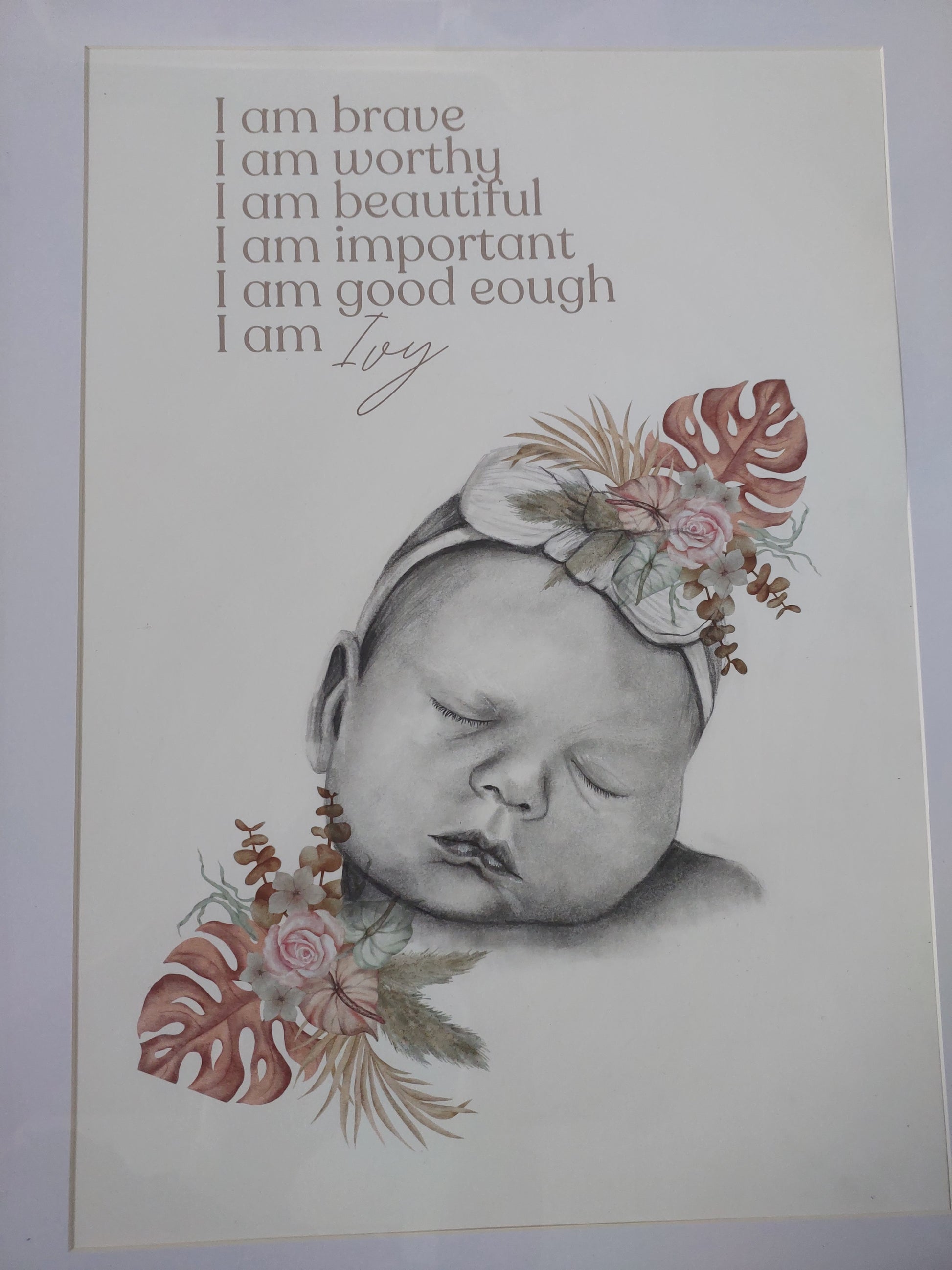 Custom Affirmation Art Keepsake A3 Print-Hand-drawn Portrait of Child/Baby