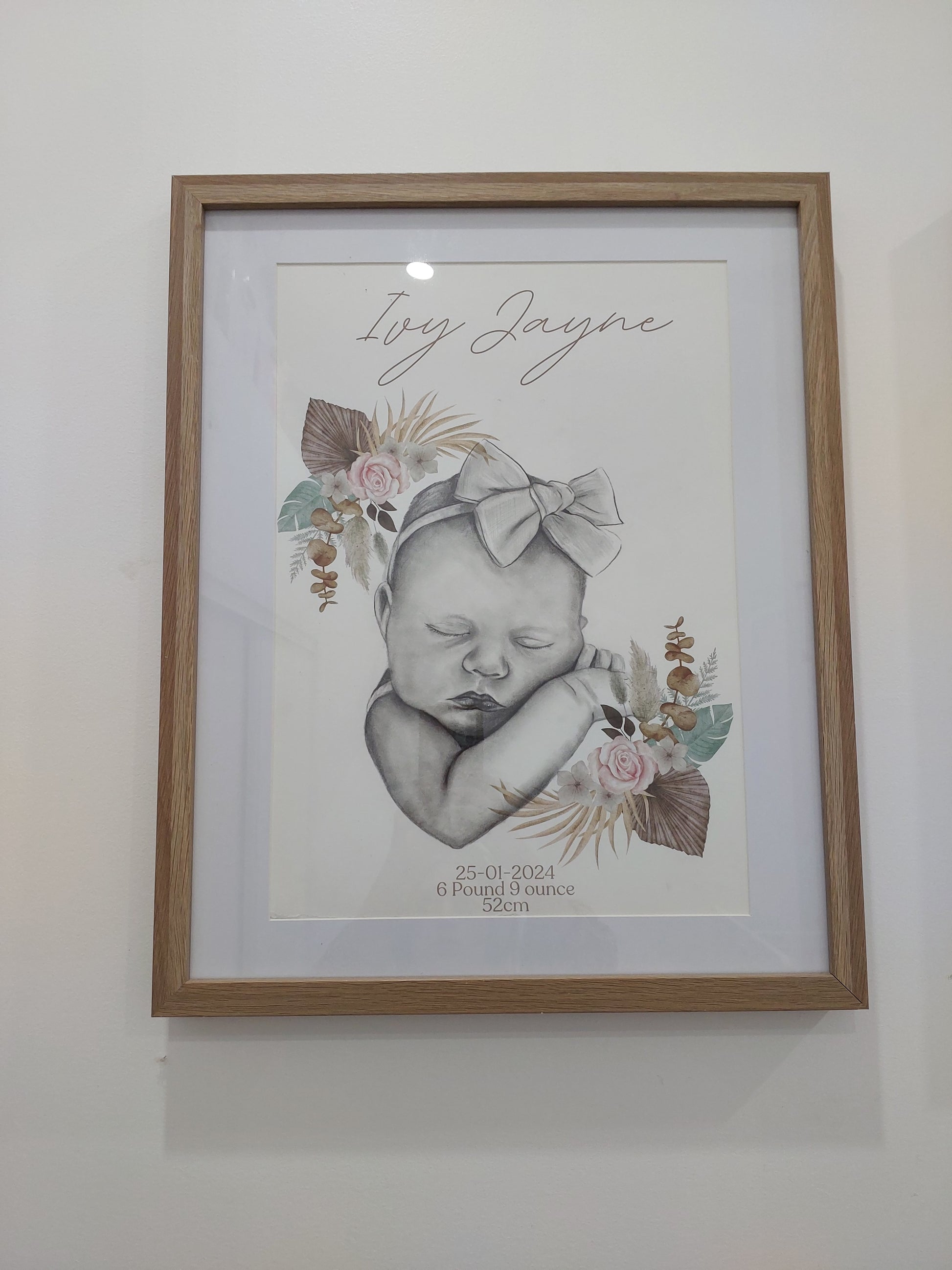 Custom Birth details Art Keepsake A3 Print-Hand-drawn Portrait of Child/Baby