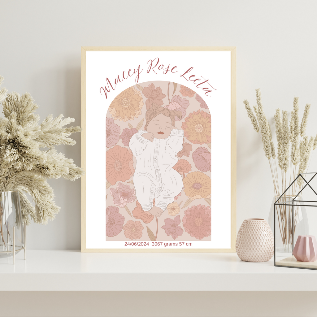 Custom Birth Details Illustration Colour line art Print Keepsake-Posey Design