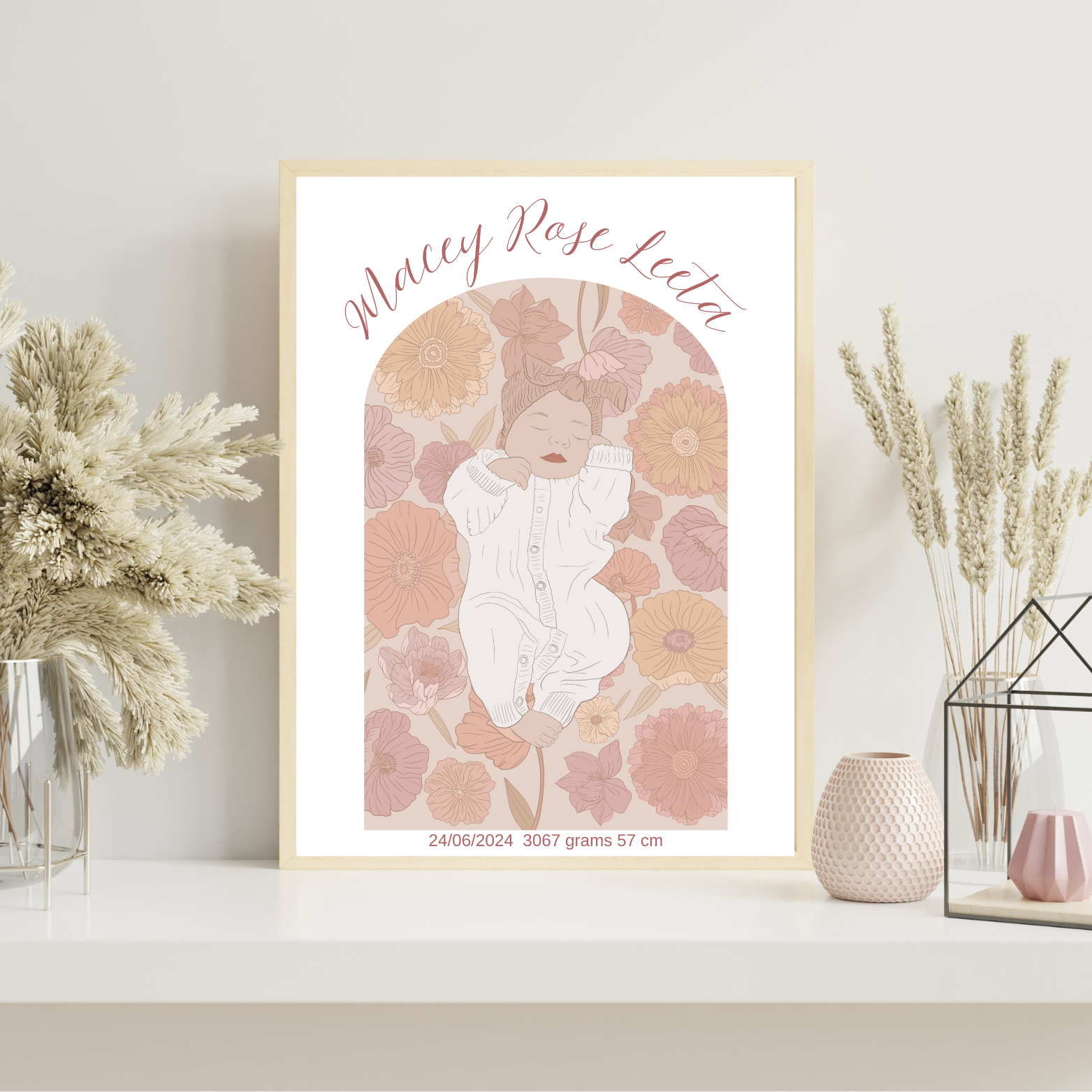Custom Birth Details Illustration Colour line art Print Keepsake-Posey Design