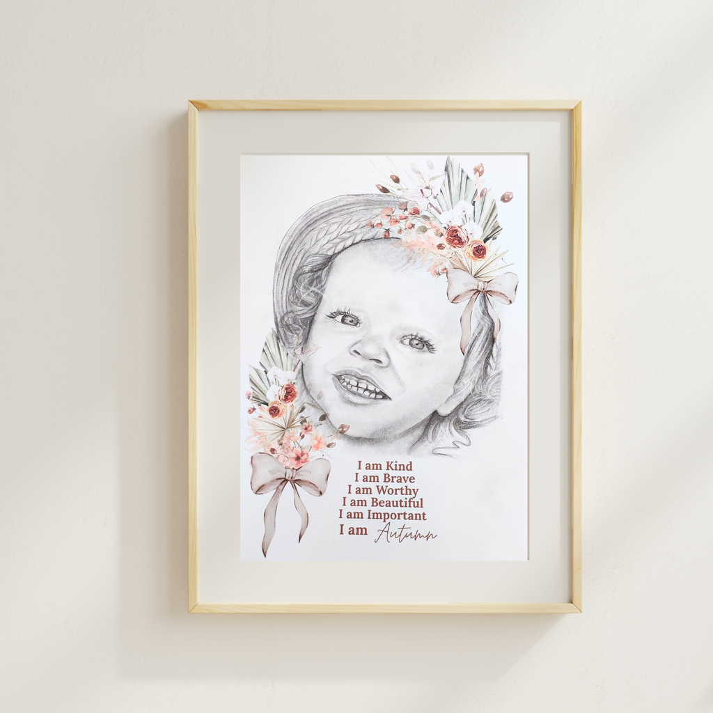 Custom Affirmation Art Keepsake A3 Print-Hand-drawn Portrait of Child/Baby