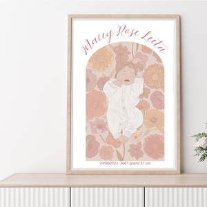Custom Birth Details Illustration Colour line art Print Keepsake-Posey Design