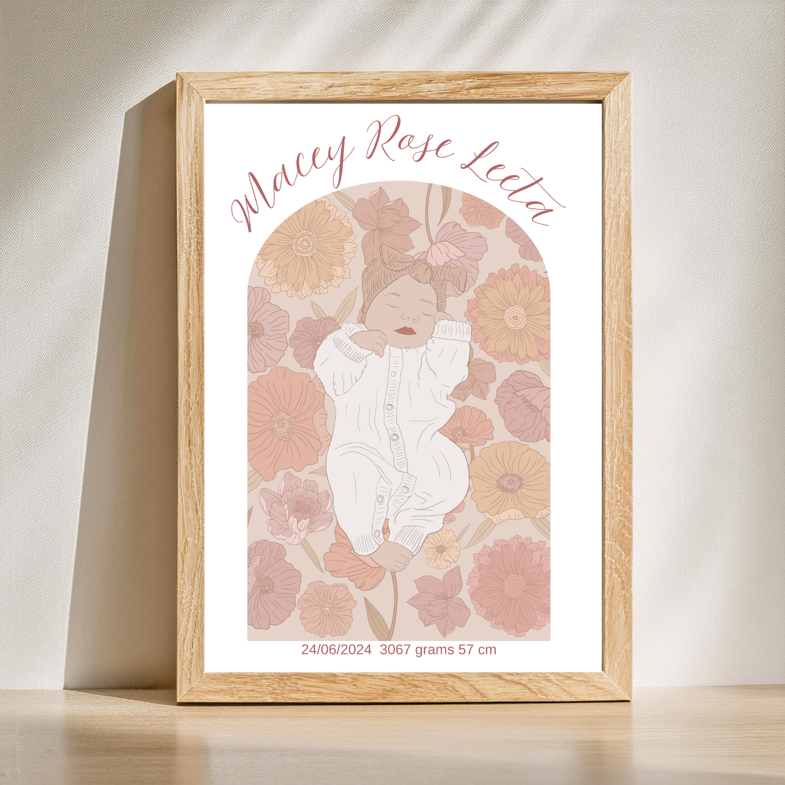 Custom Birth Details Illustration Colour line art Print Keepsake-Posey Design