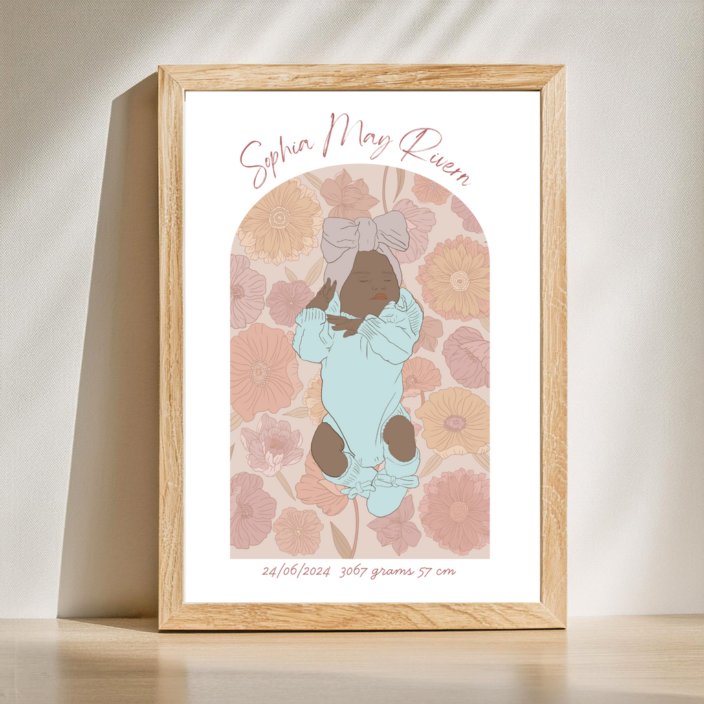 Custom Birth Details Illustration Colour line art Print Keepsake-Posey Design