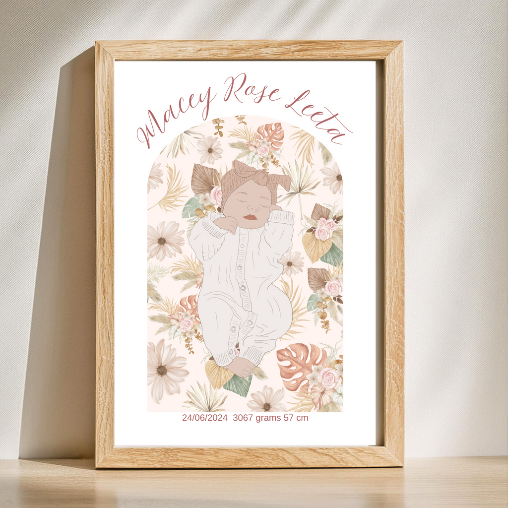 Custom Birth Details Illustration Colour line art Print Keepsake-Boho Floral Arch Design