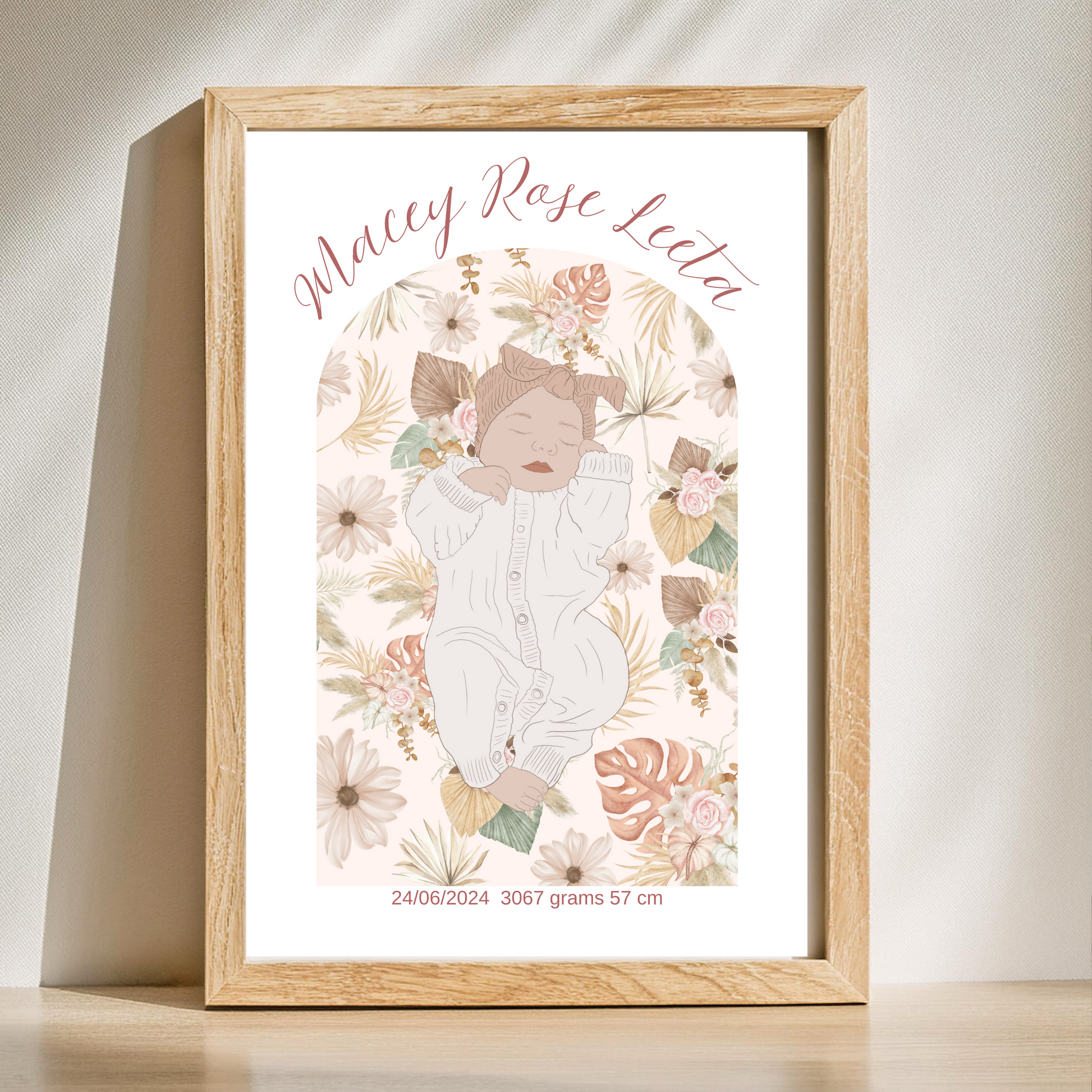 Custom Birth Details Illustration Colour line art Print Keepsake-Boho Floral Arch Design