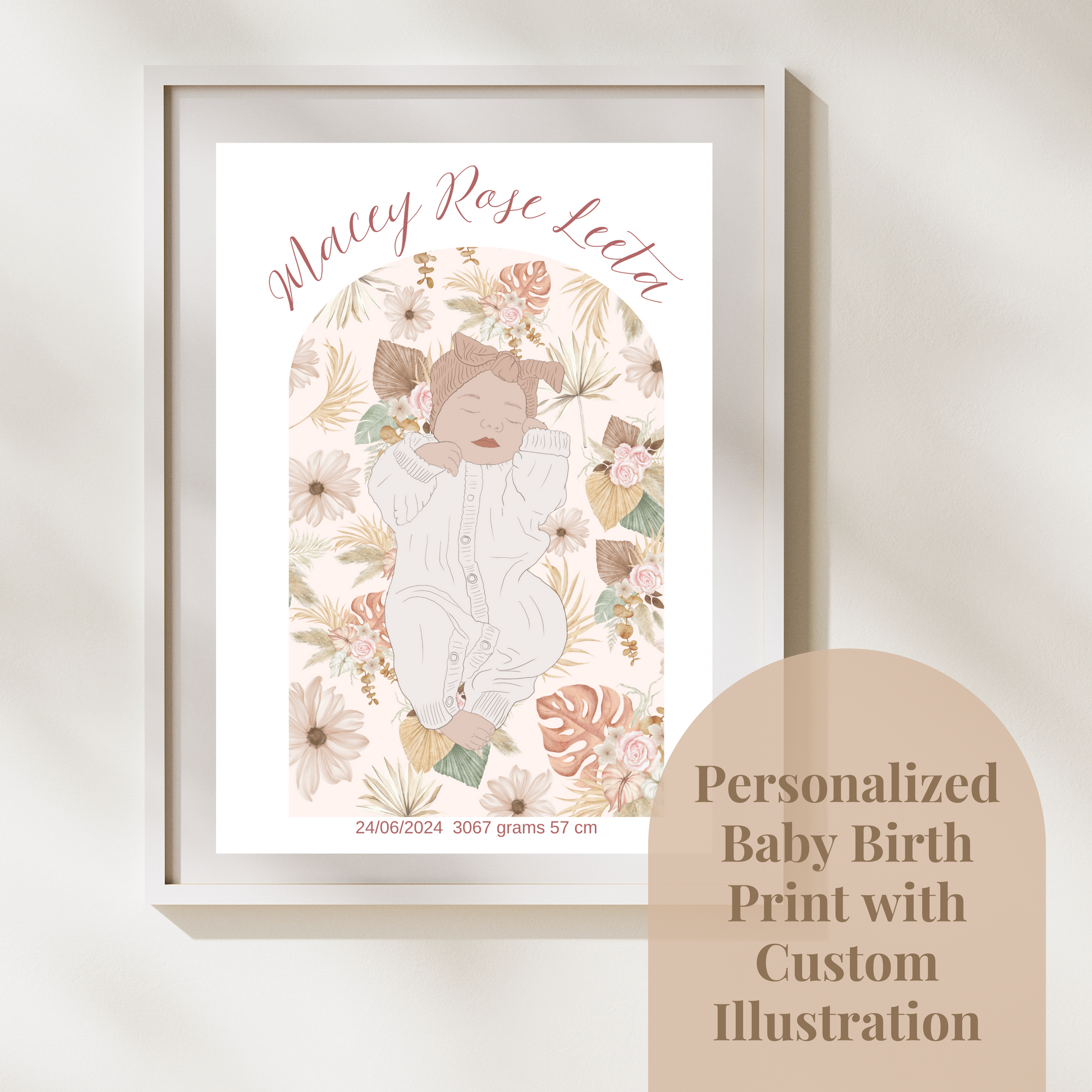Custom Birth Details Illustration Colour line art Print Keepsake-Boho Floral Arch Design