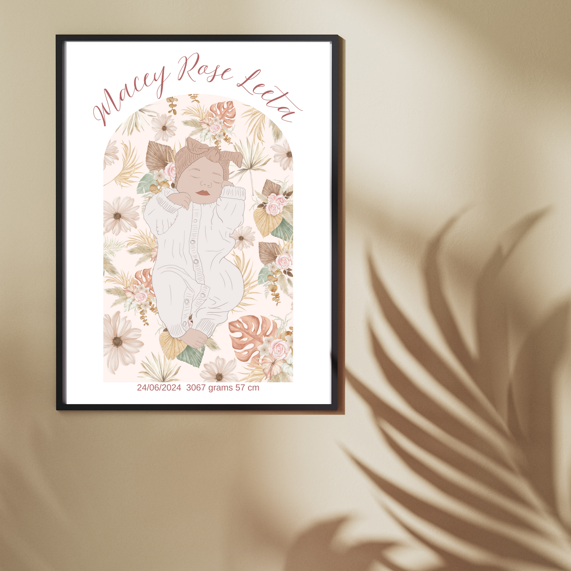 Custom Birth Details Illustration Colour line art Print Keepsake-Boho Floral Arch Design