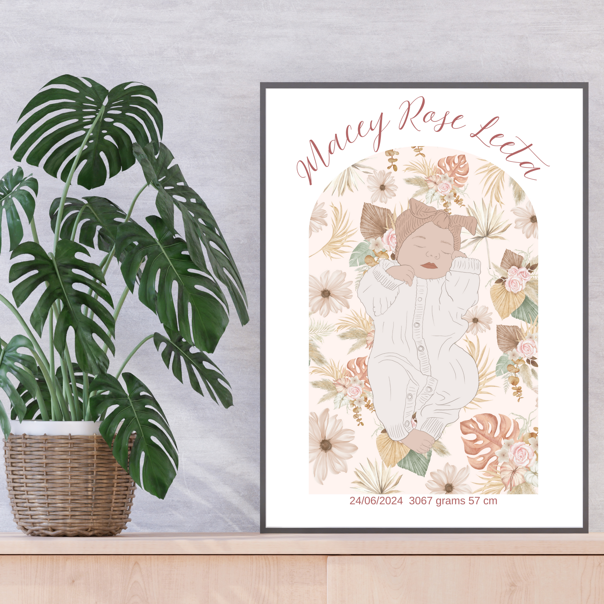 Custom Birth Details Illustration Colour line art Print Keepsake-Boho Floral Arch Design