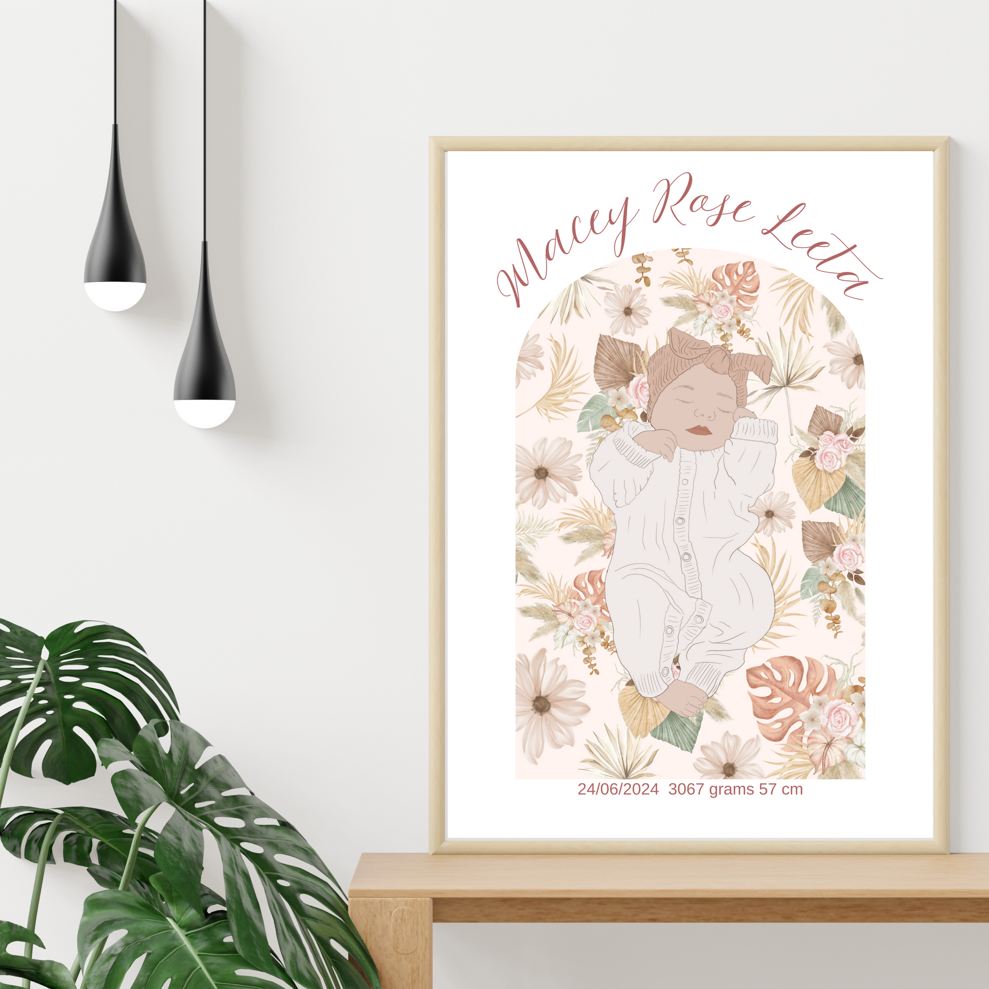 Custom Birth Details Illustration Colour line art Print Keepsake-Boho Floral Arch Design