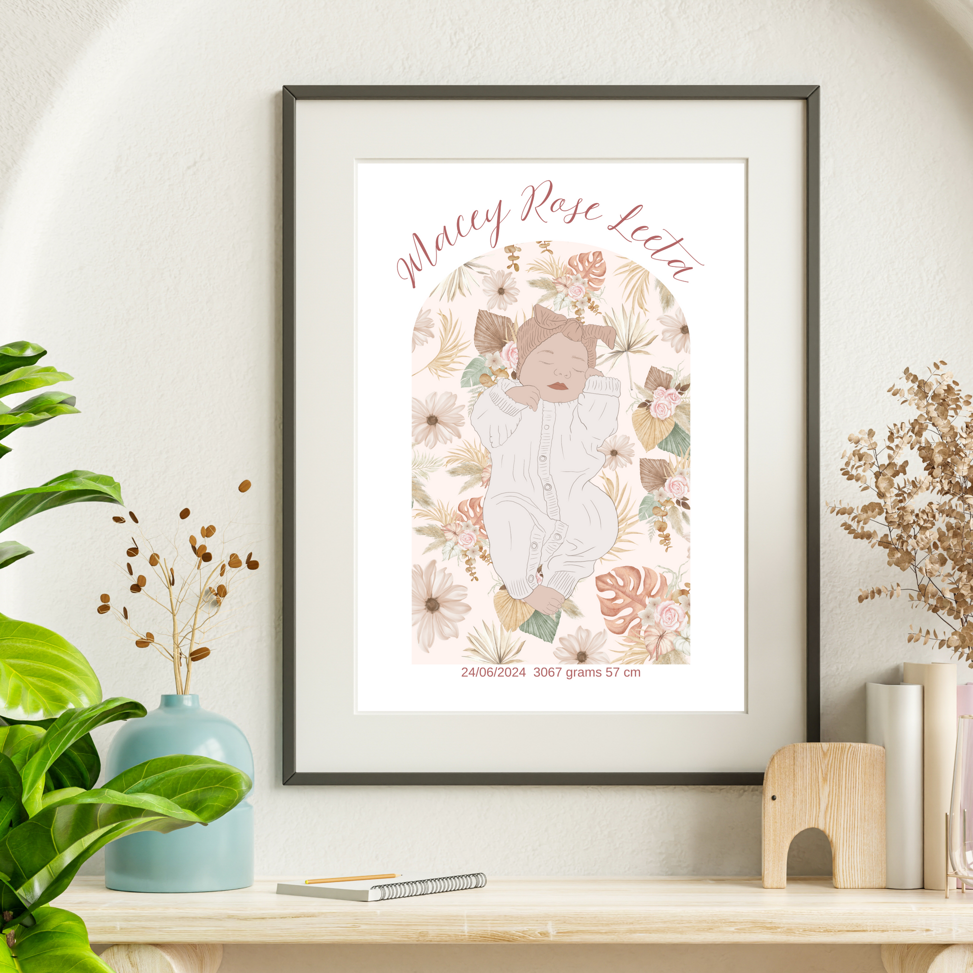 Custom Birth Details Illustration Colour line art Print Keepsake-Boho Floral Arch Design