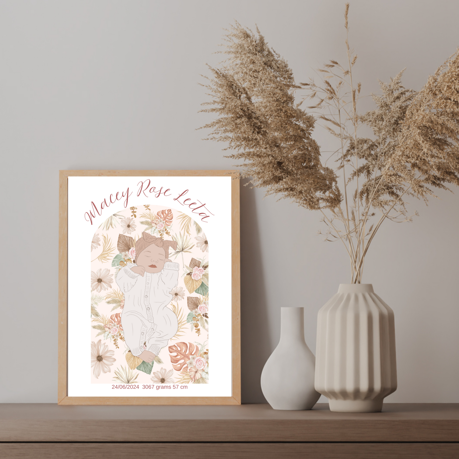 Custom Birth Details Illustration Colour line art Print Keepsake-Boho Floral Arch Design