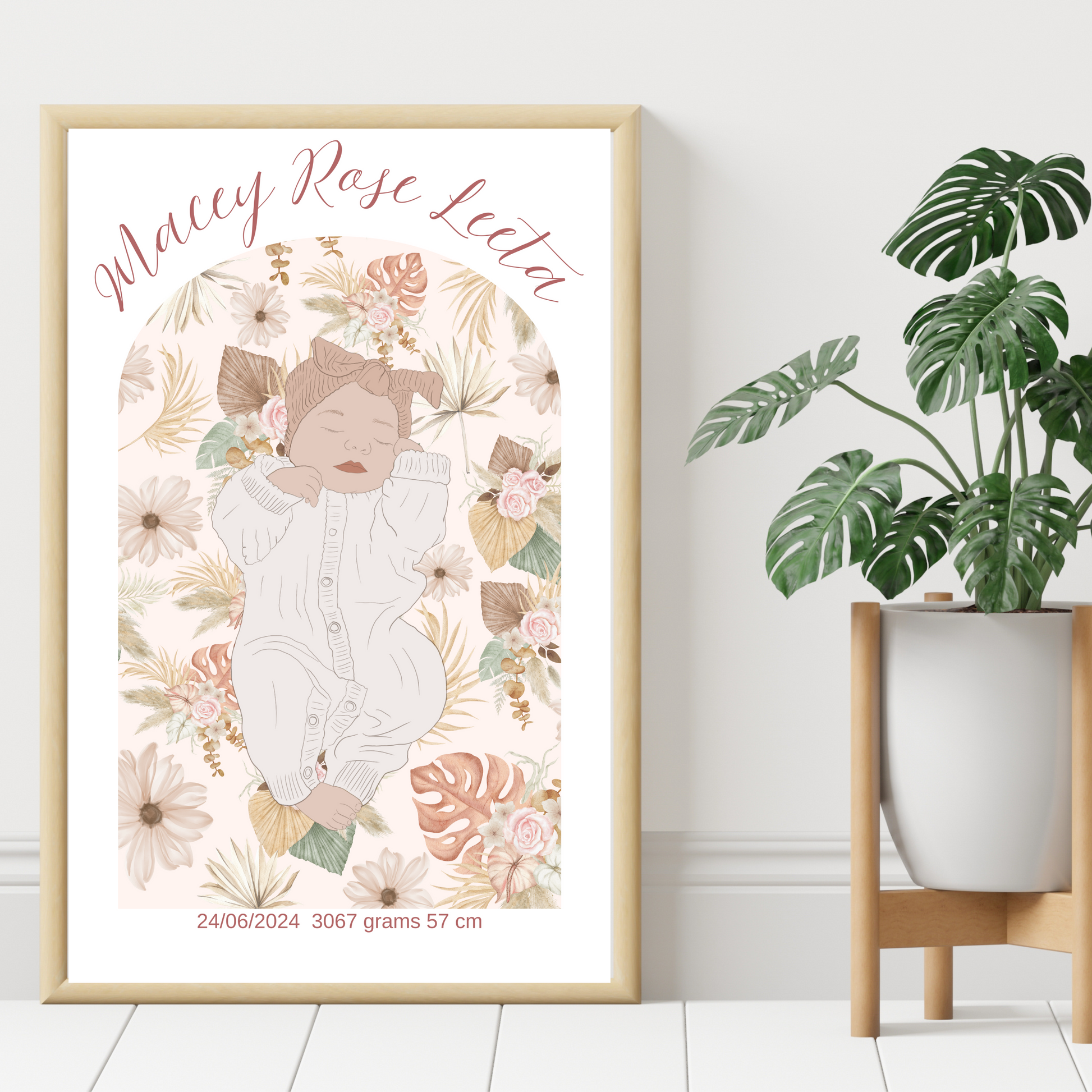 Custom Birth Details Illustration Colour line art Print Keepsake-Boho Floral Arch Design