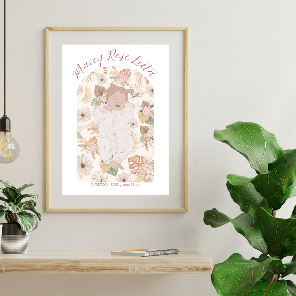 Custom Birth Details Illustration Colour line art Print Keepsake-Boho Floral Arch Design