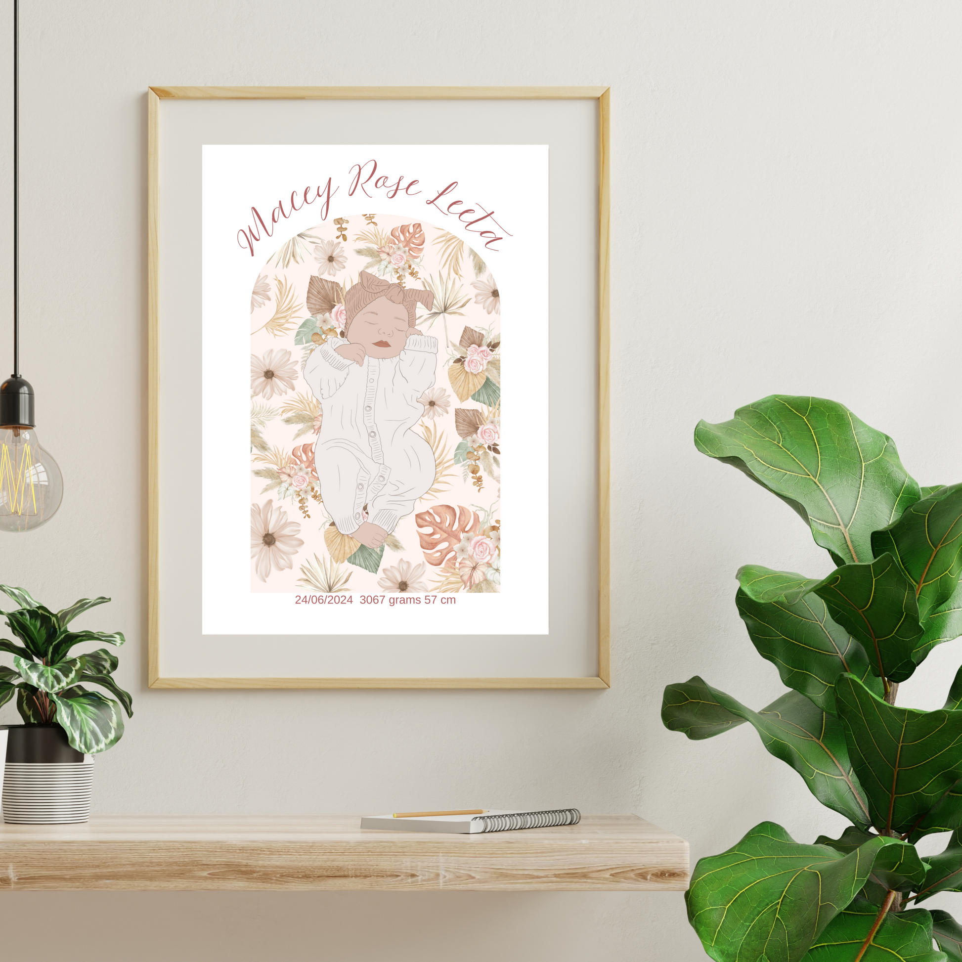 Custom Birth Details Illustration Colour line art Print Keepsake-Boho Floral Arch Design