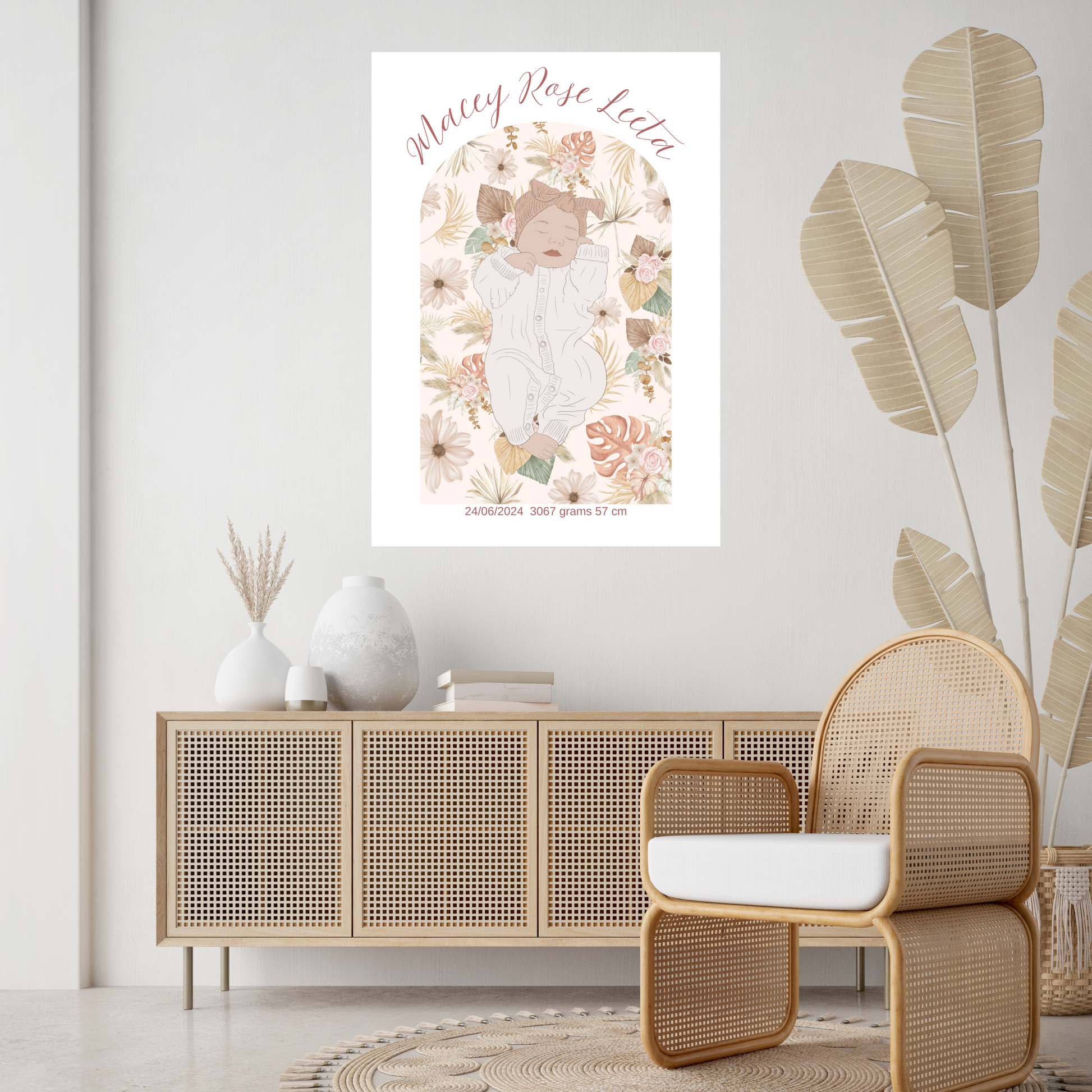 Custom Birth Details Illustration Colour line art Print Keepsake-Boho Floral Arch Design