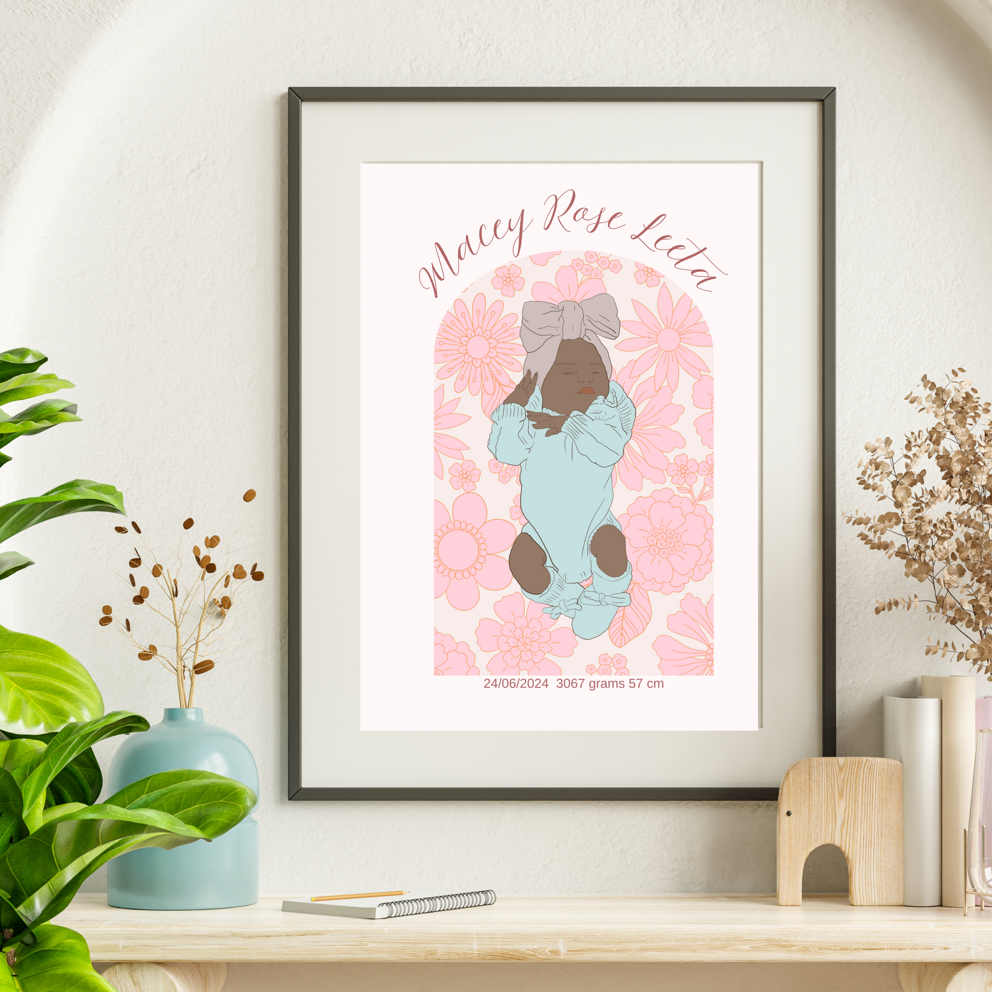 Custom Birth Details Illustration Colour line art Print Keepsake-Pink Floral Arch Design
