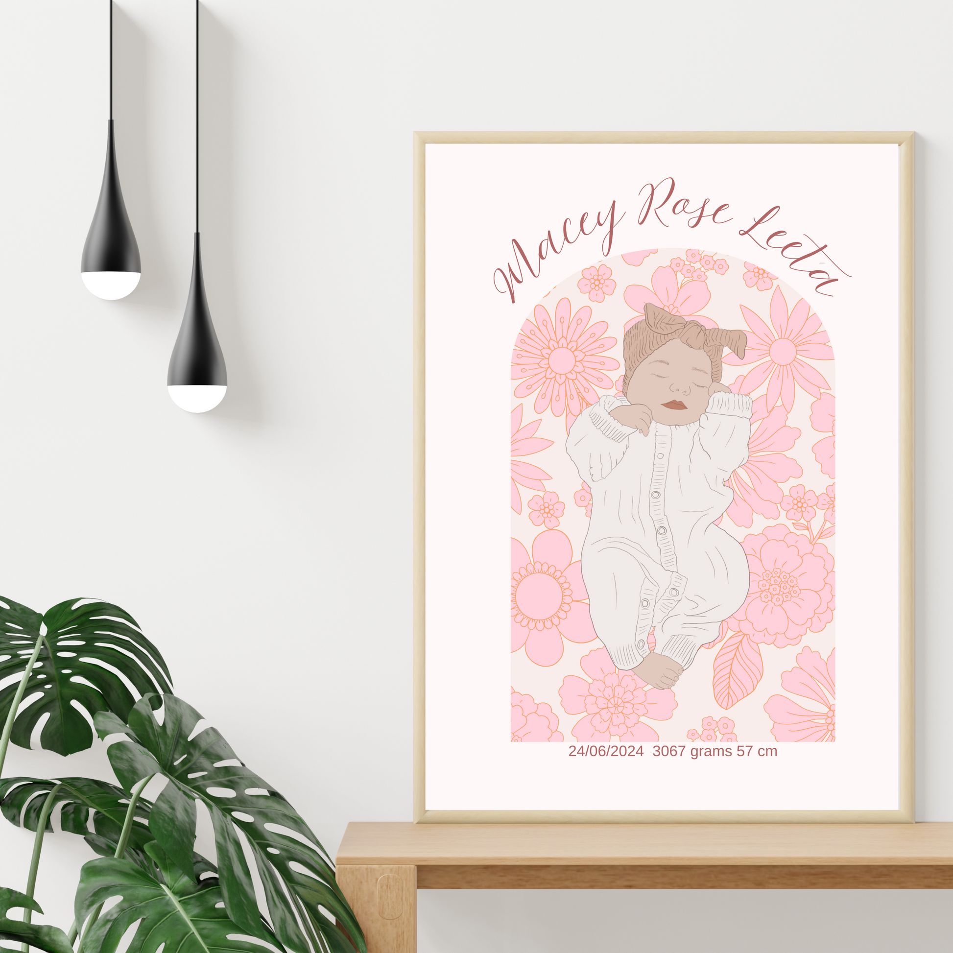 Custom Birth Details Illustration Colour line art Print Keepsake-Pink Floral Arch Design