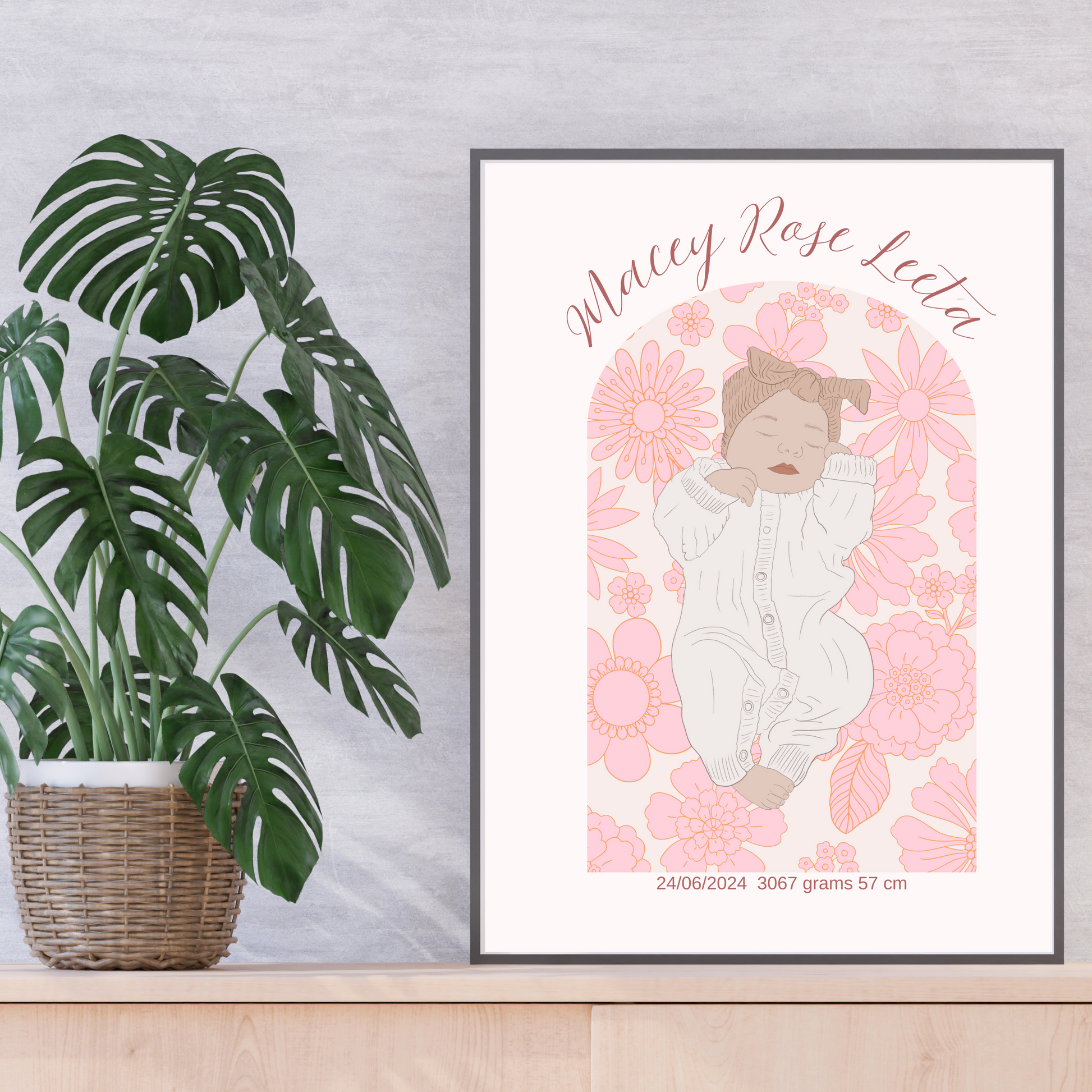 Custom Birth Details Illustration Colour line art Print Keepsake-Pink Floral Arch Design