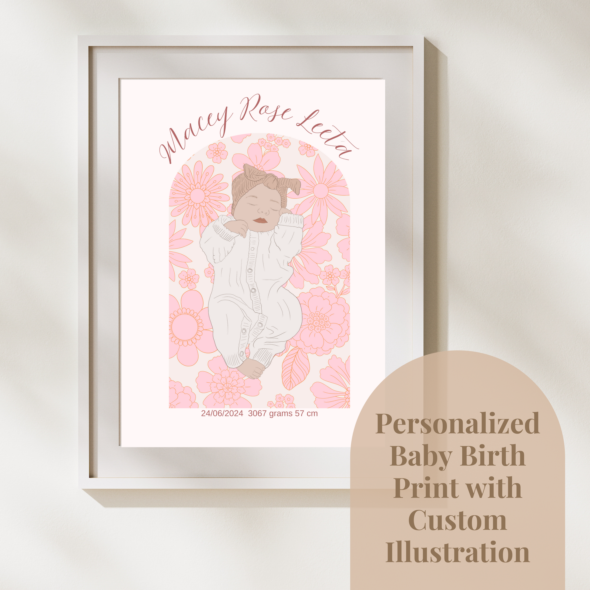 Custom Birth Details Illustration Colour line art Print Keepsake-Pink Floral Arch Design