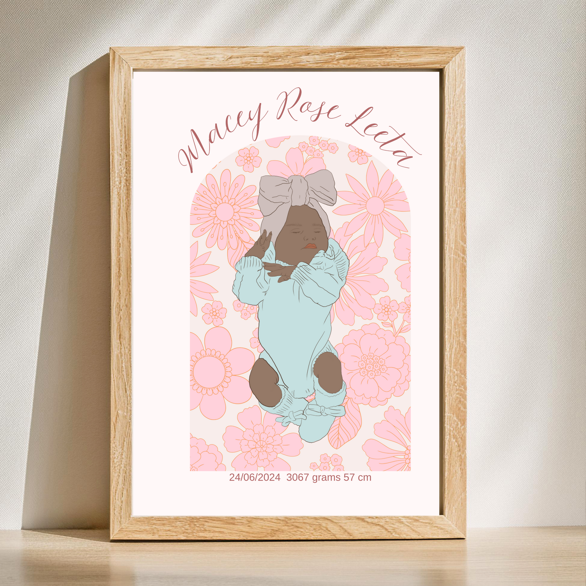 Custom Birth Details Illustration Colour line art Print Keepsake-Pink Floral Arch Design