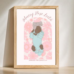 Custom Birth Details Illustration Colour line art Print Keepsake-Pink Floral Arch Design