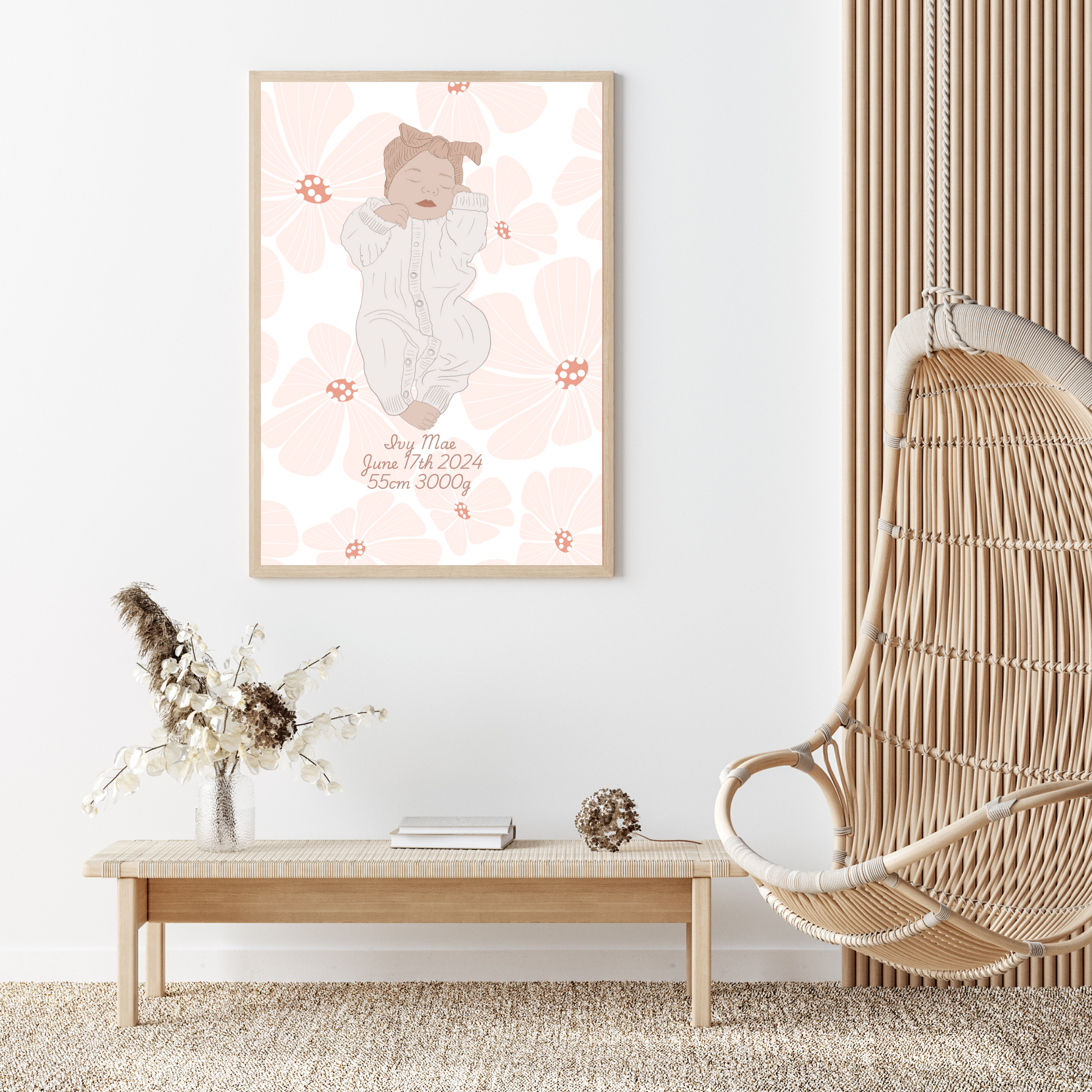 Custom Birth Details Illustration Colour line art Print Keepsake-Flower Design