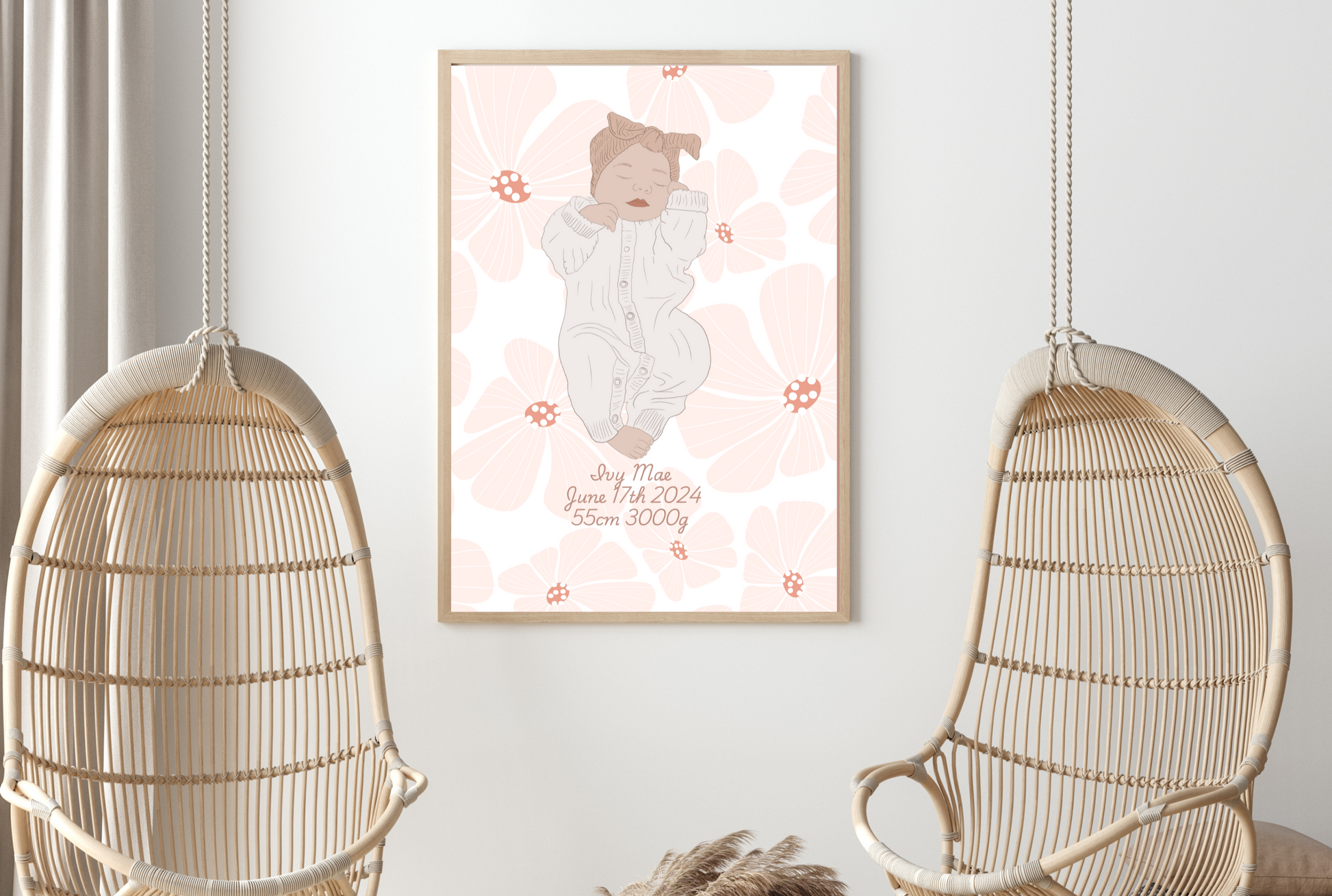 Custom Birth Details Illustration Colour line art Print Keepsake-Flower Design
