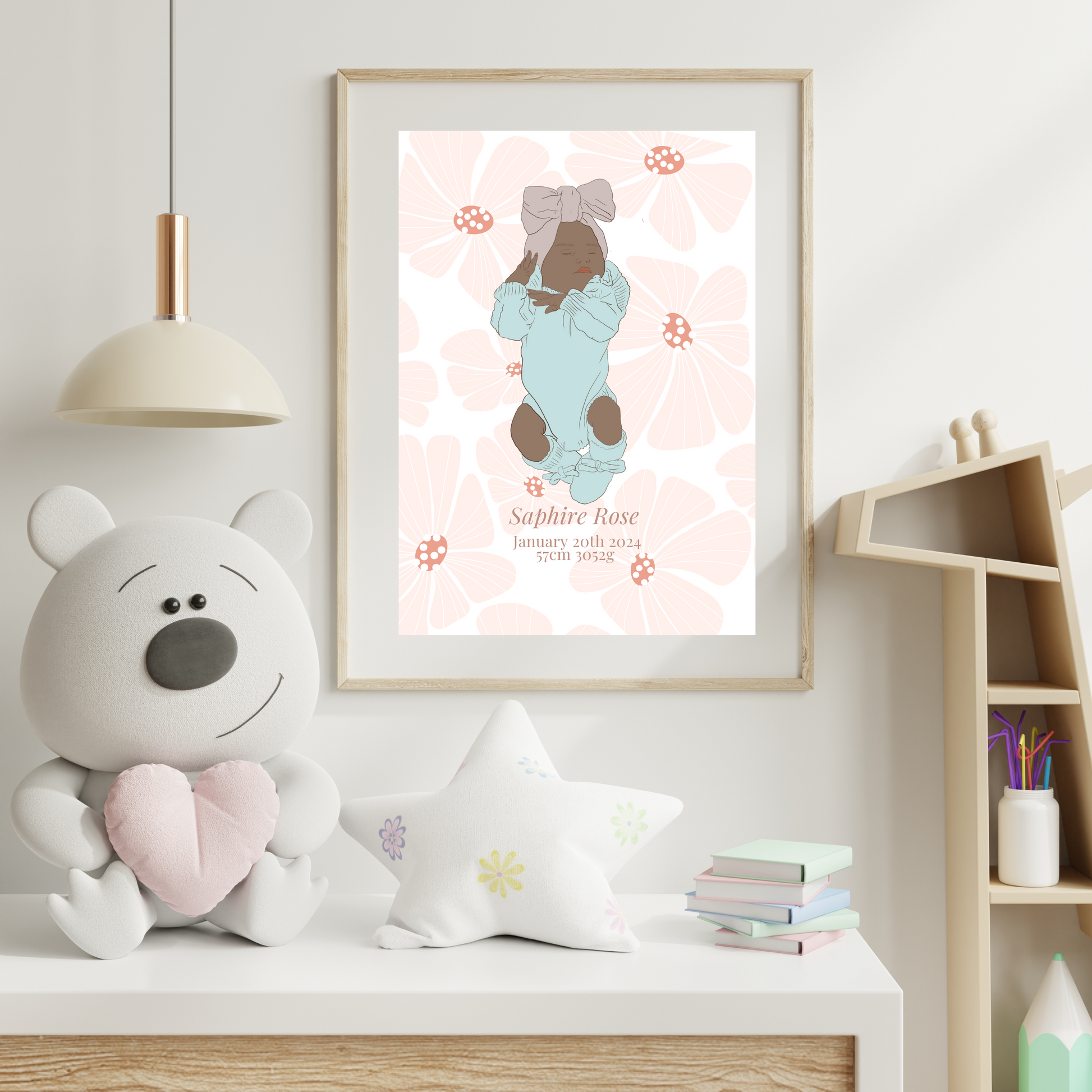 Custom Birth Details Illustration Colour line art Print Keepsake-Flower Design