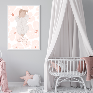 Custom Birth Details Illustration Colour line art Print Keepsake-Flower Design