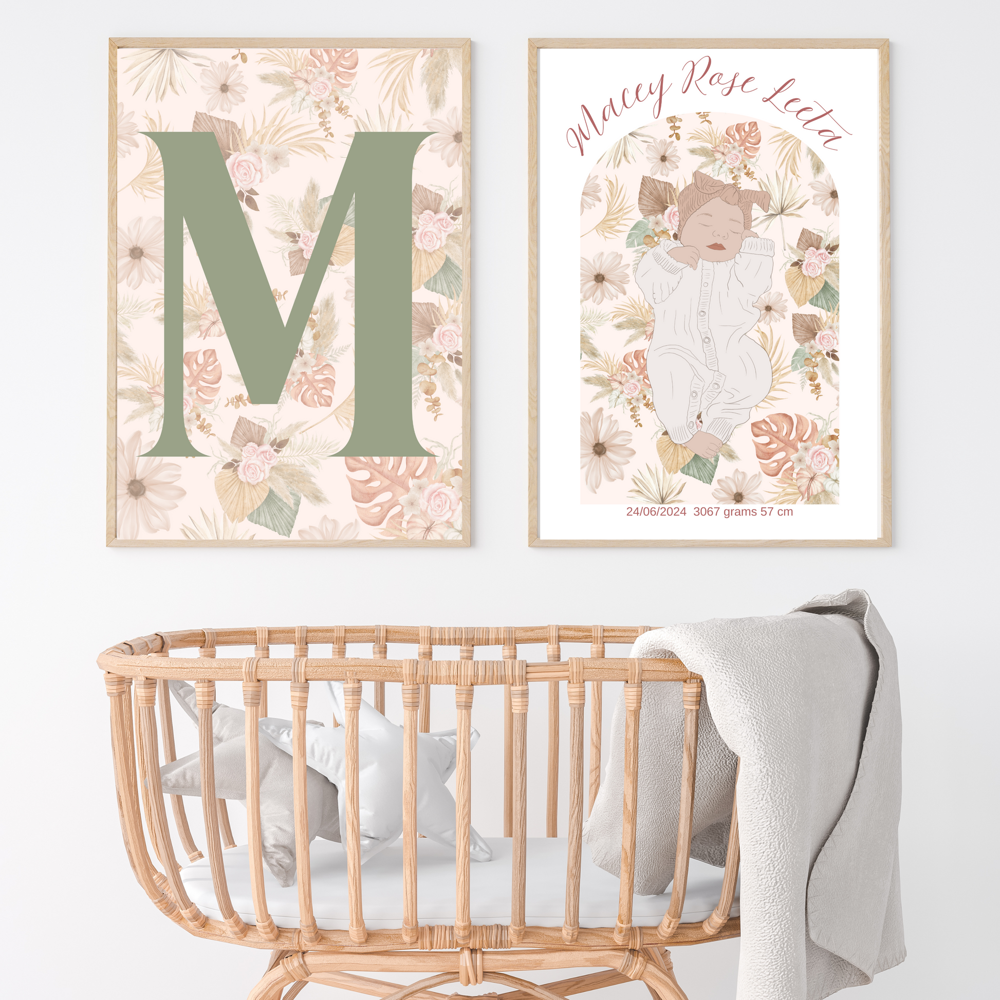 Custom Birth Details Illustration Colour line art Print Keepsake-Boho Floral Arch Design