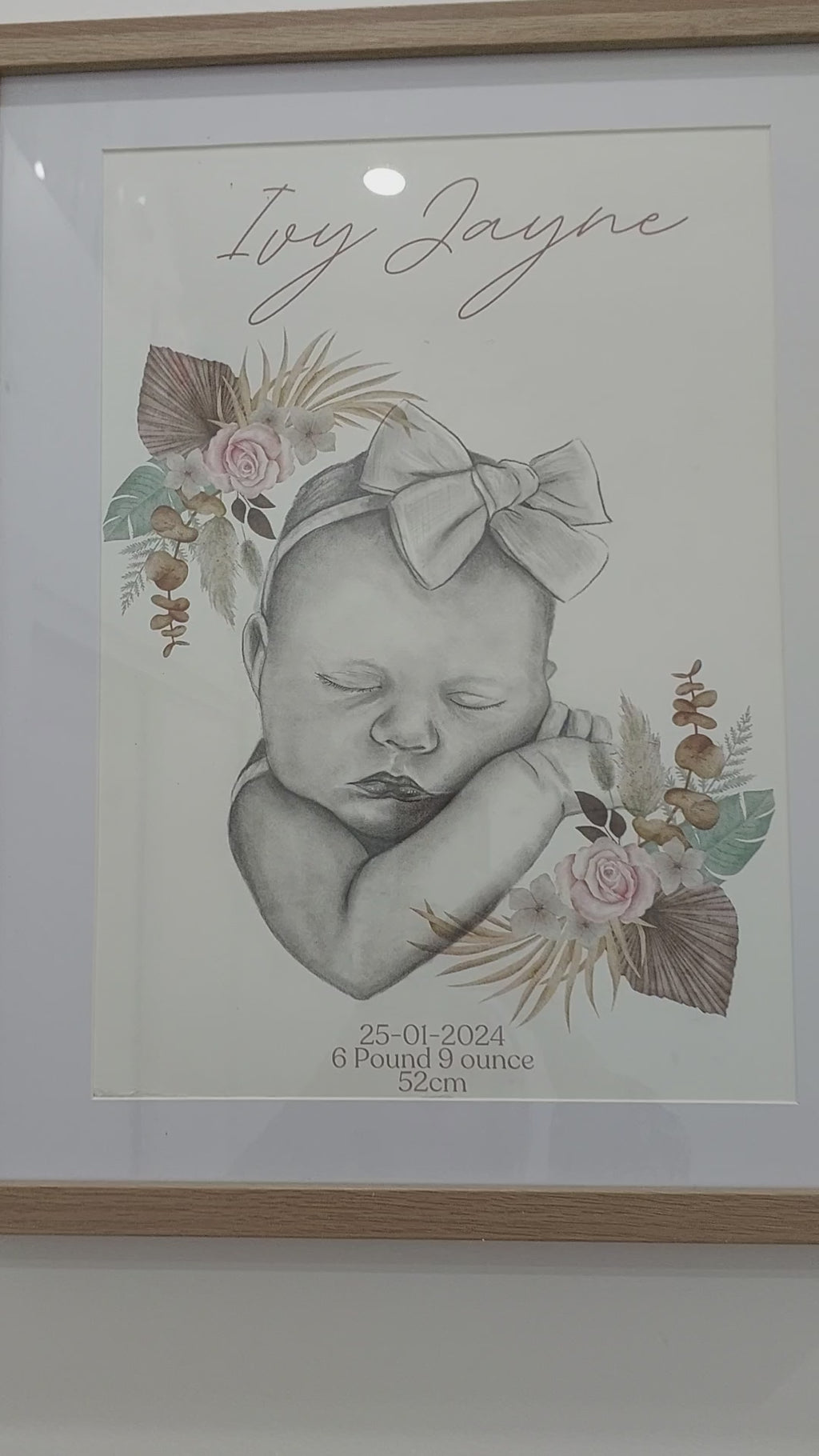 Custom Birth details Art Keepsake A3 Print-Hand-drawn Portrait of Child/Baby