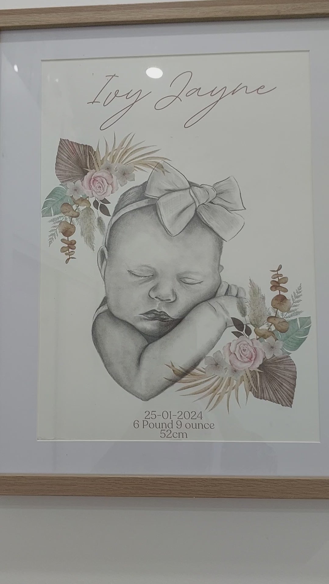 Custom Birth details Art Keepsake A3 Print-Hand-drawn Portrait of Child/Baby