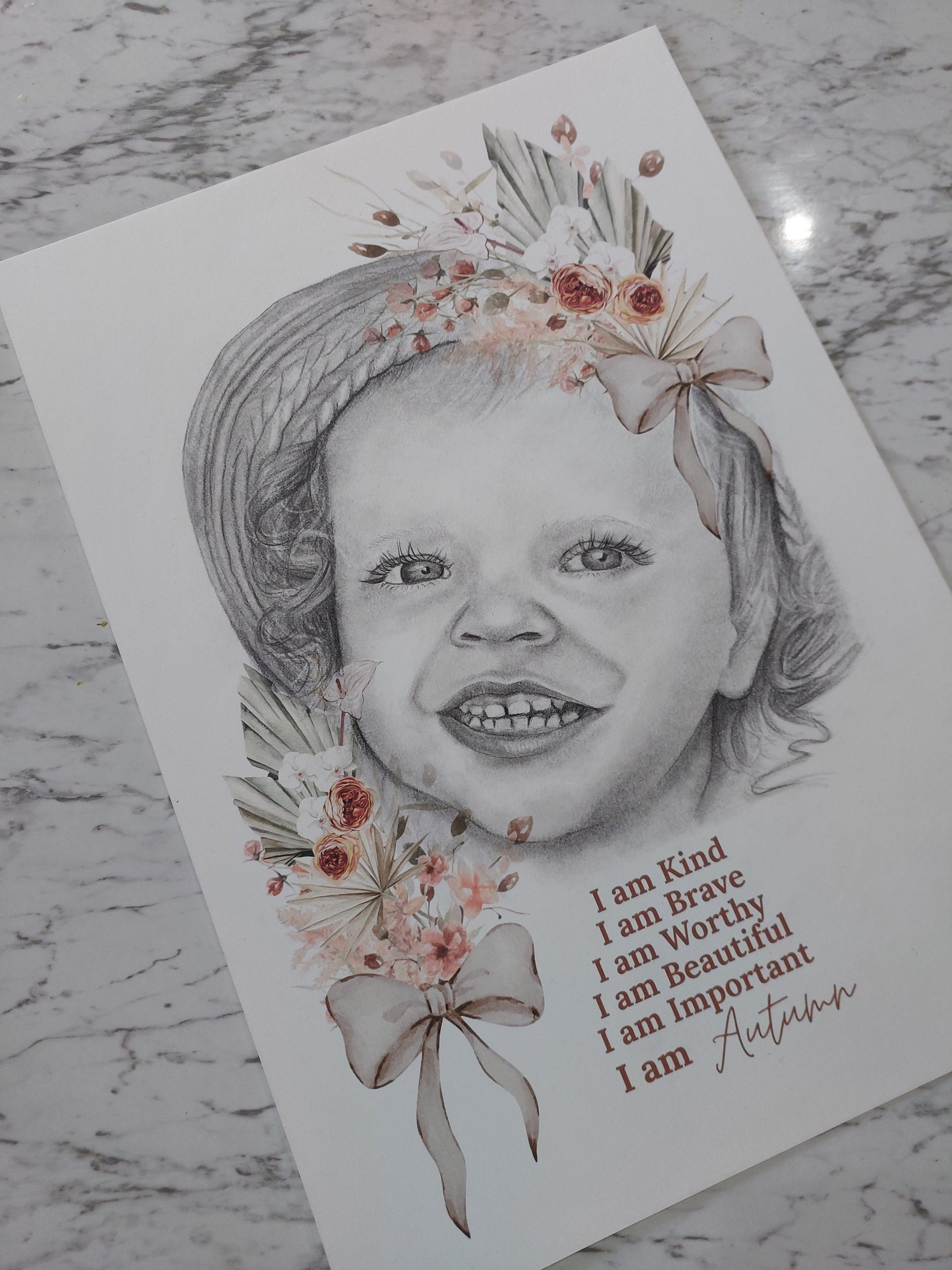 Custom Affirmation Art Keepsake A3 Print-Hand-drawn Portrait of Child/Baby