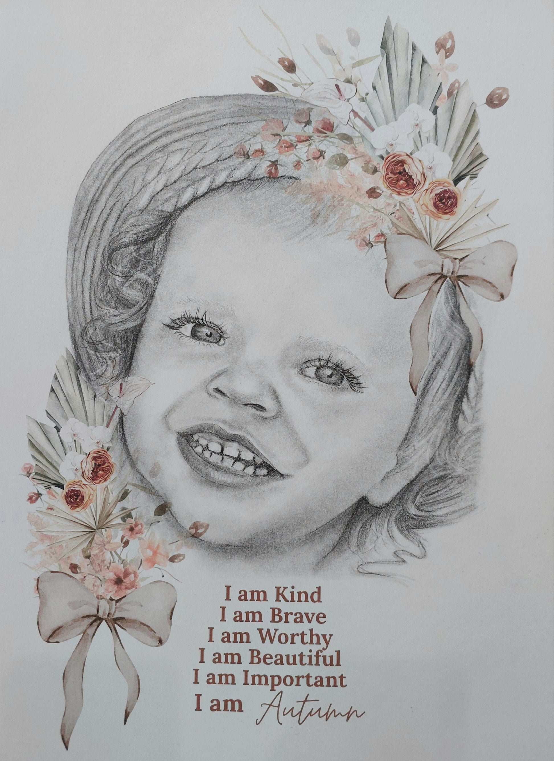 Custom Affirmation Art Keepsake A3 Print-Hand-drawn Portrait of Child/Baby