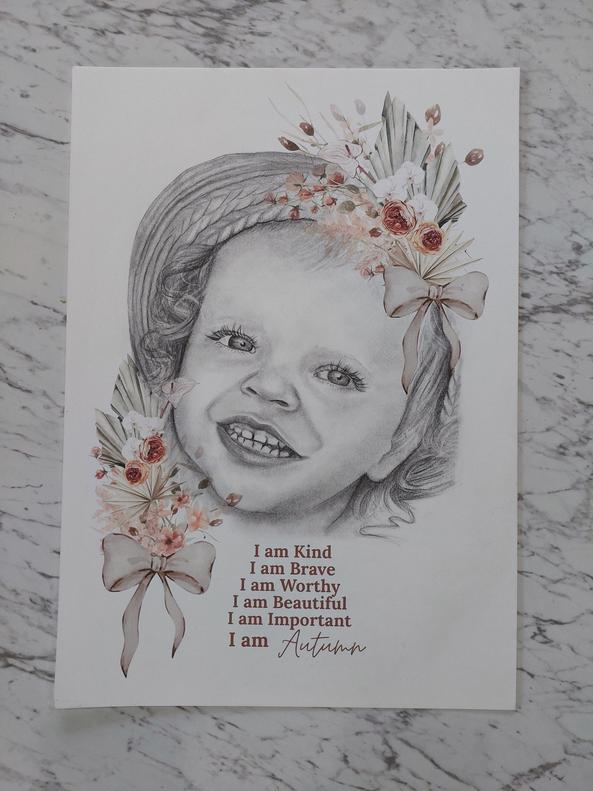 Custom Affirmation Art Keepsake A3 Print-Hand-drawn Portrait of Child/Baby