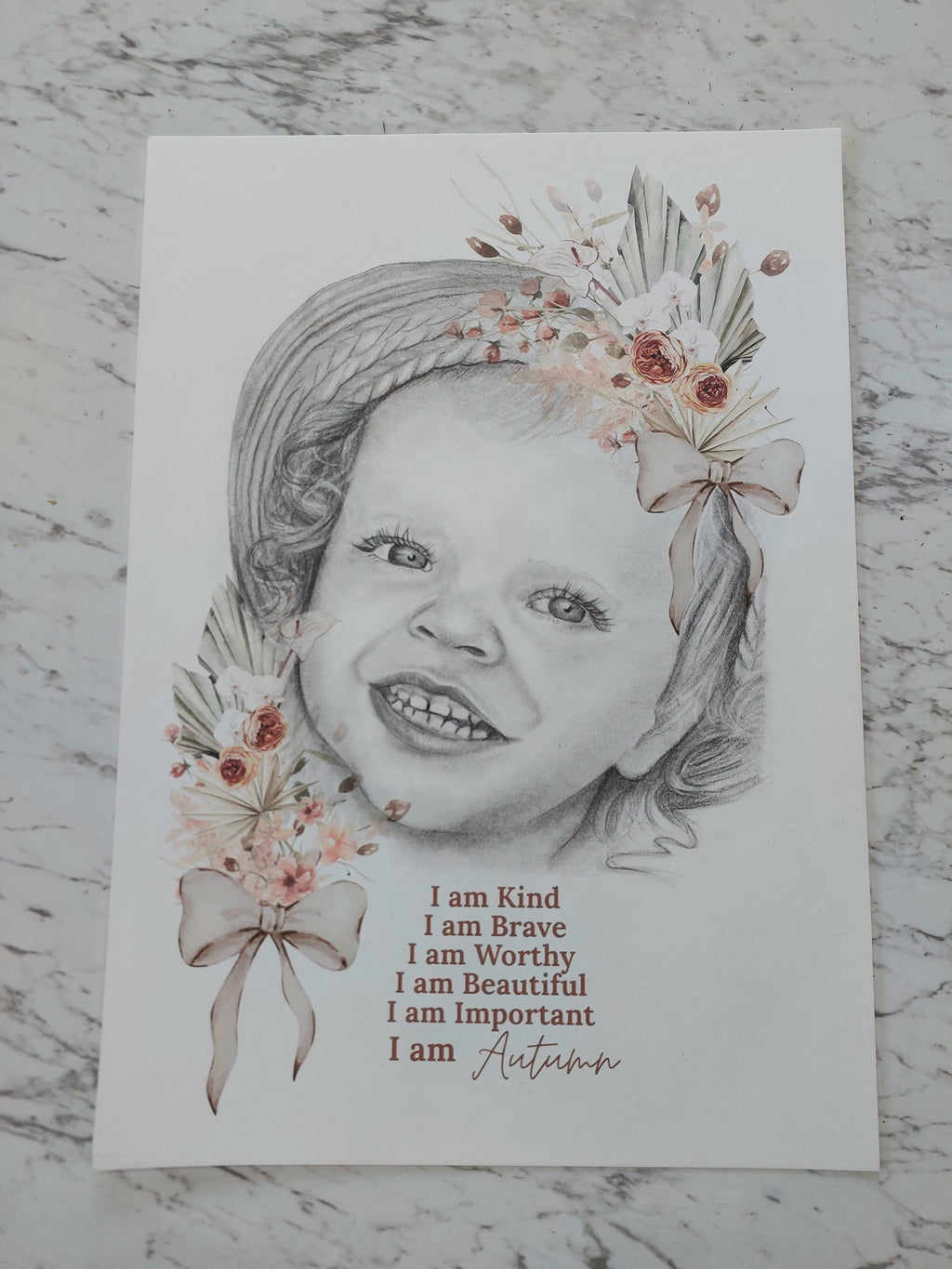 Custom Affirmation Art Keepsake A3 Print-Hand-drawn Portrait of Child/Baby