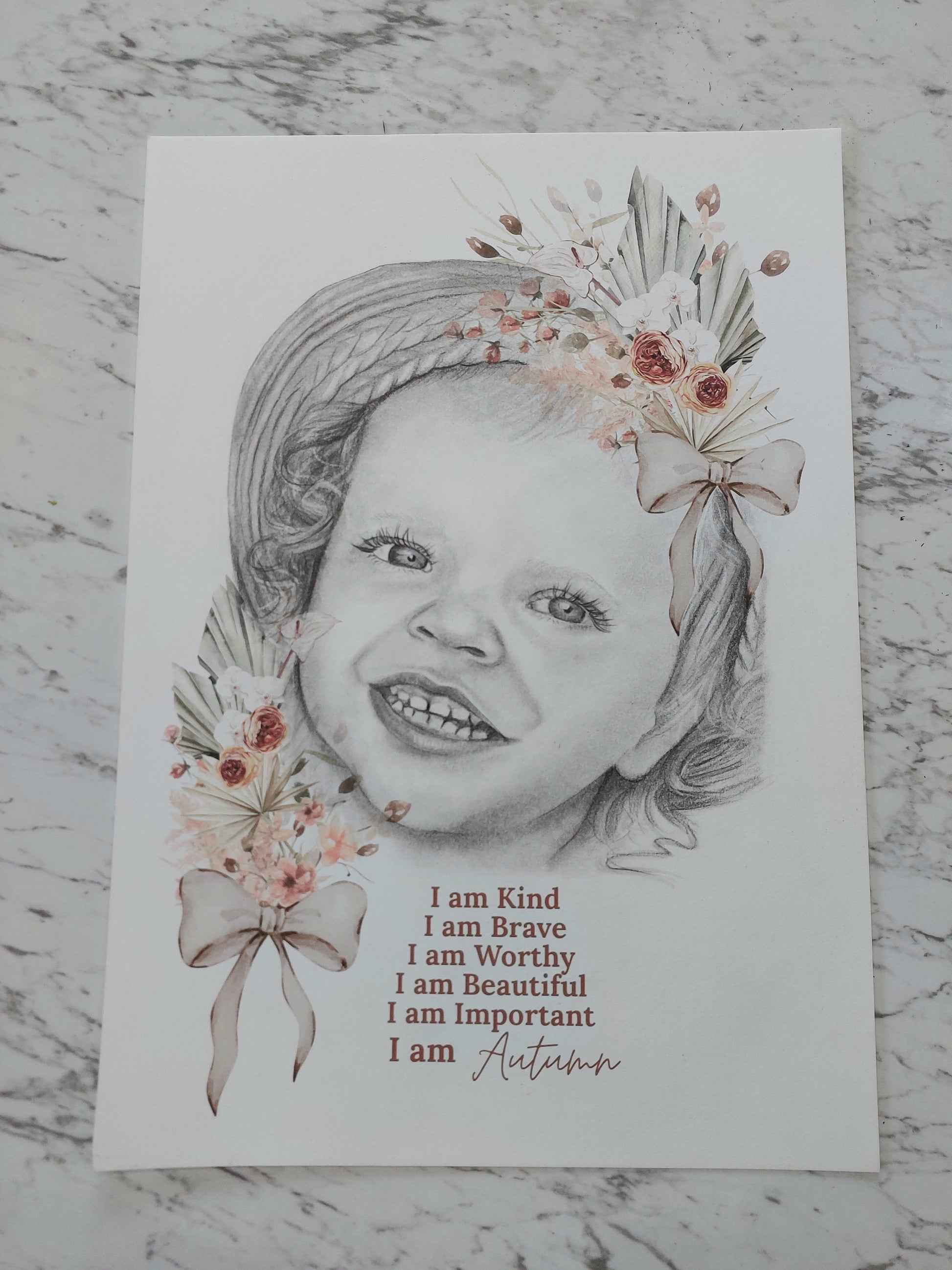 Custom Affirmation Art Keepsake A3 Print-Hand-drawn Portrait of Child/Baby